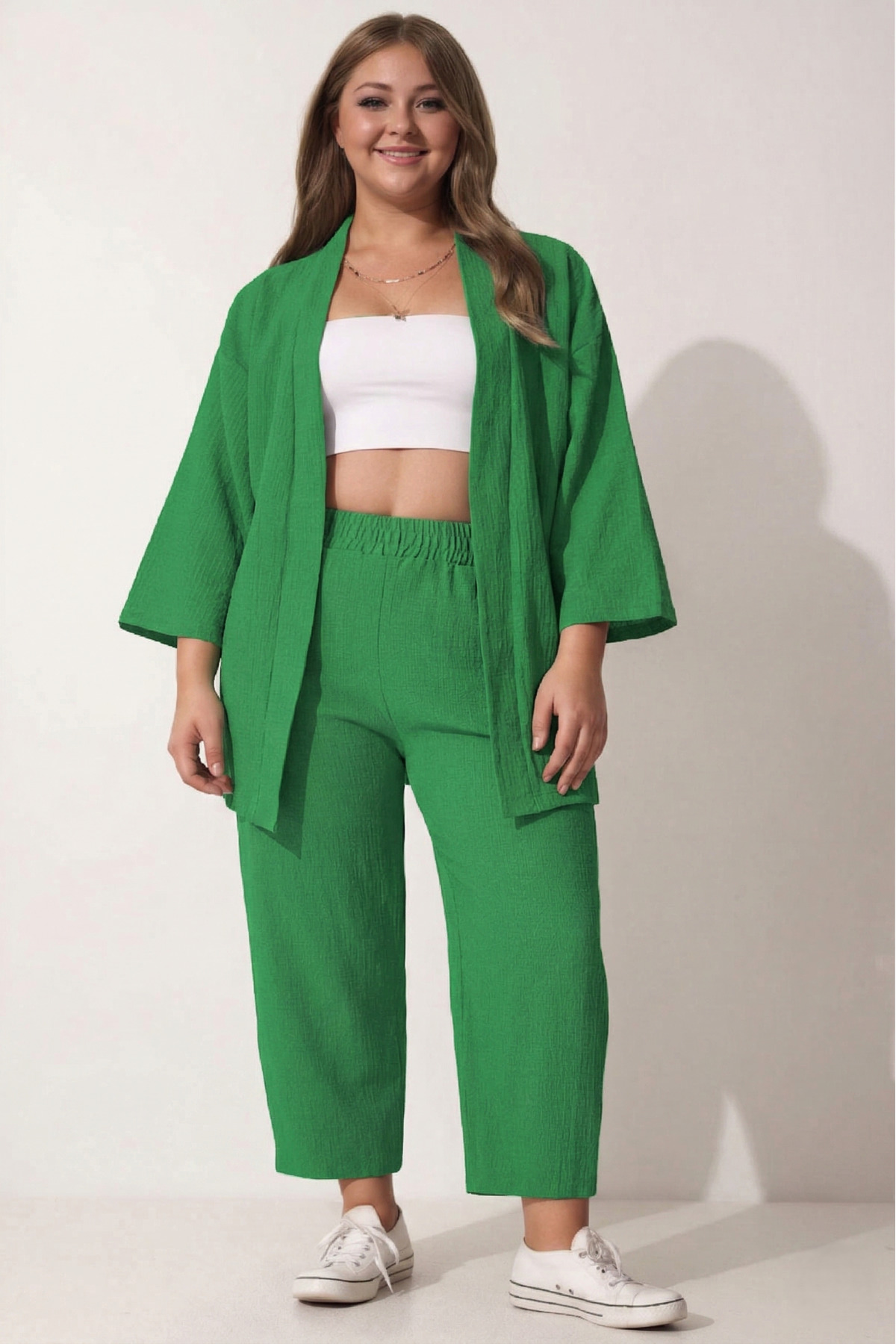 Plus Size Green Kimono Pants Knitted Set