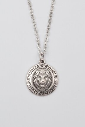Store Kabartmalı Aslan Madalyon Kolye - Düz Ezme İthal Zincirli Unisex Gümüş ...