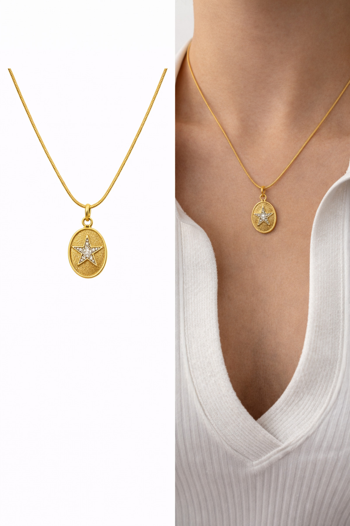 Taşlı Yıldız Plaka Charm Yılan Zincir 45 Cm Altın Kaplama Gold Kadın Kolye – Sevgililer Günü Özel