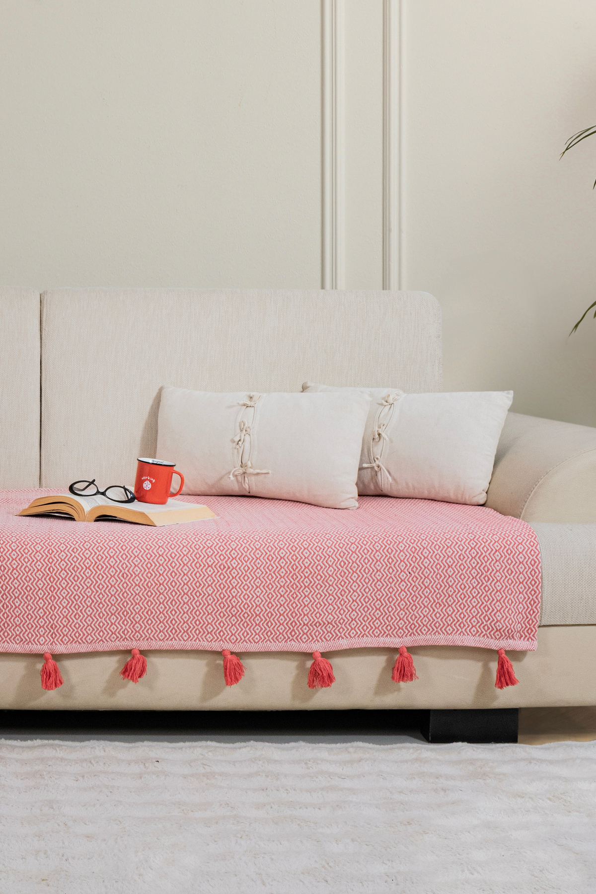 Lavi Pompom Coral Seat Cover 115 x 200 cm Sofa Sofa Bed Sofa Cover Shawl Fringed