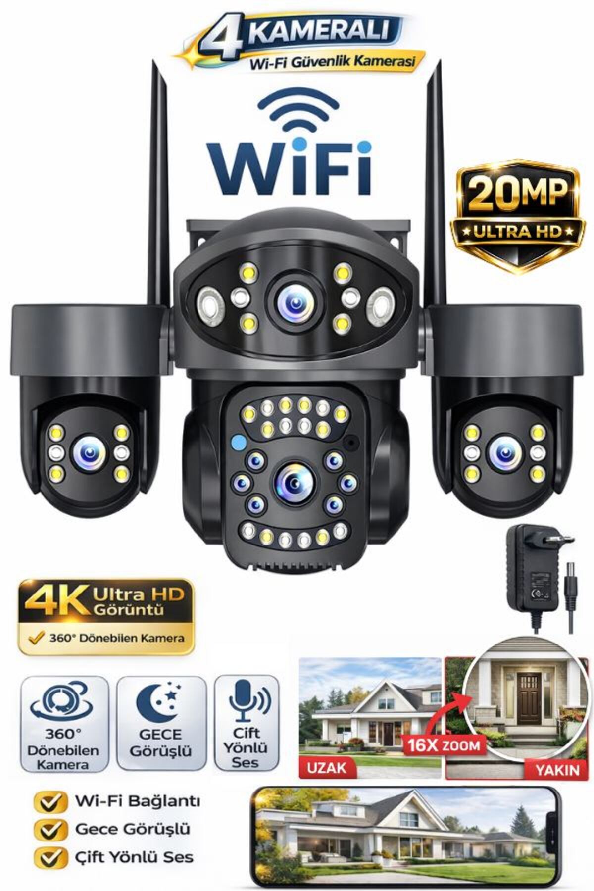 E5804 Wifi Güvenlik Kamerası 4 Kameralı 20Mp Ultra Hd Ptz