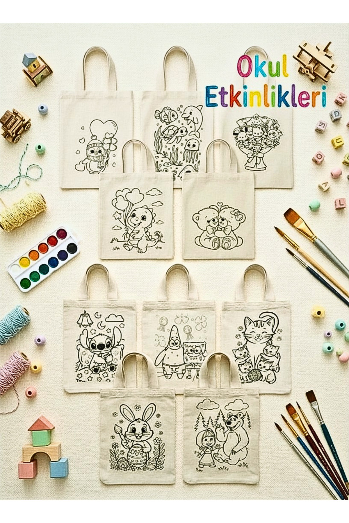 GEZEGENX  Şirin Figürler Desenli Boyanabilir Omuz Çantası-10 Adet Rahat Kullanım Uzun Kulp 18x25