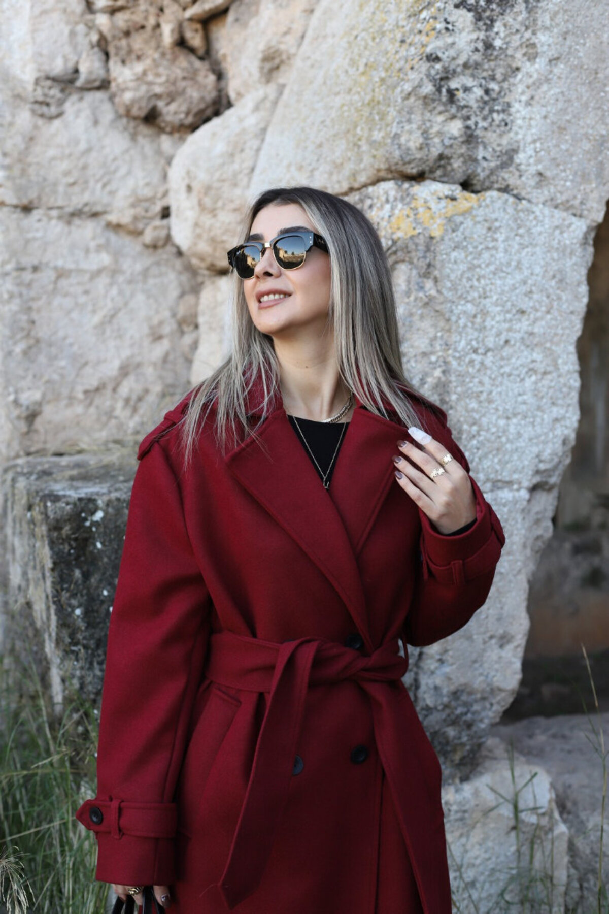 bytugcekaya Bordo Astarlı Düğme Detay Kaşe Kaban görsel 4