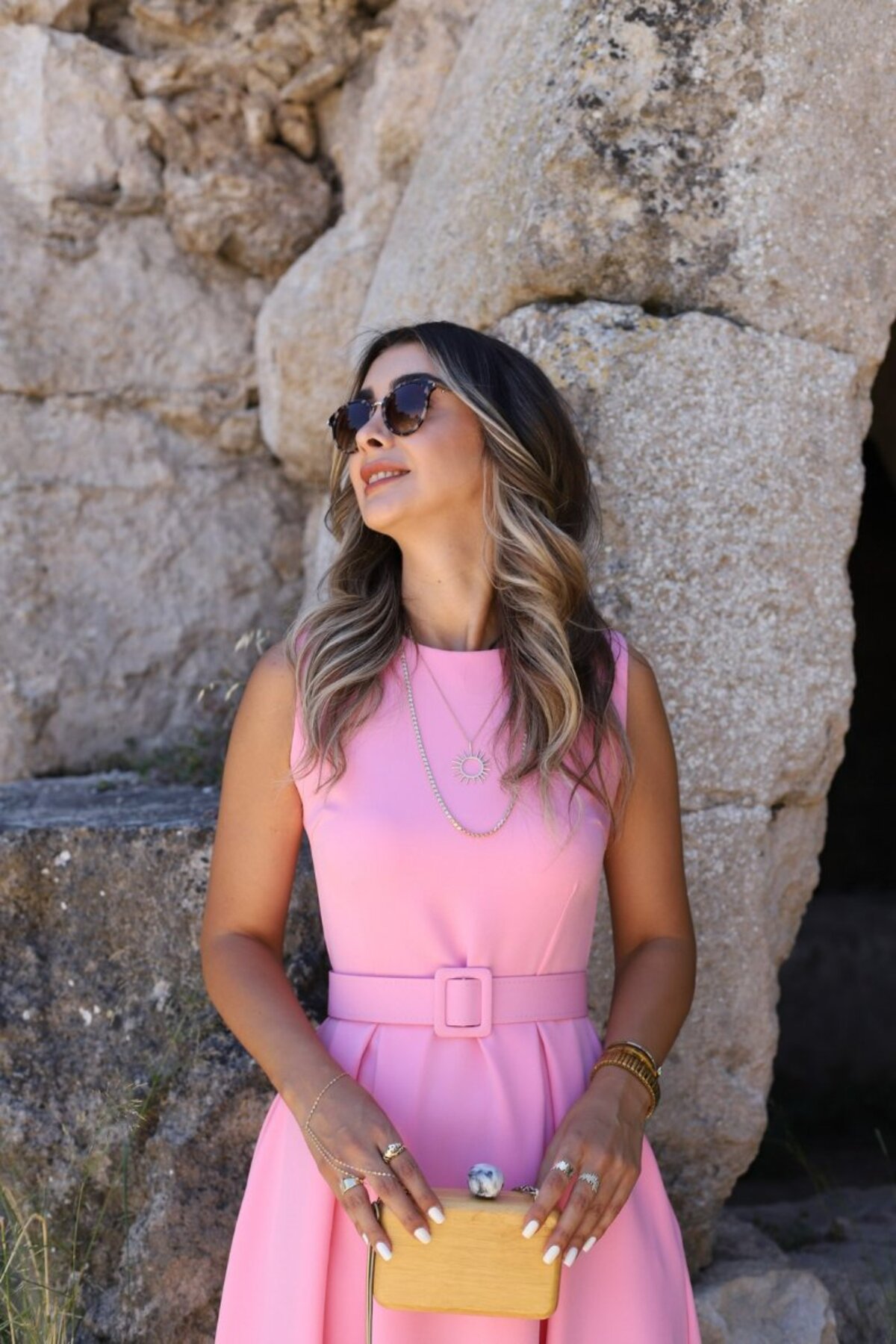 bytugcekaya  Pembe Halter Yaka Kemerli Kloş Elbise - Görsel 4