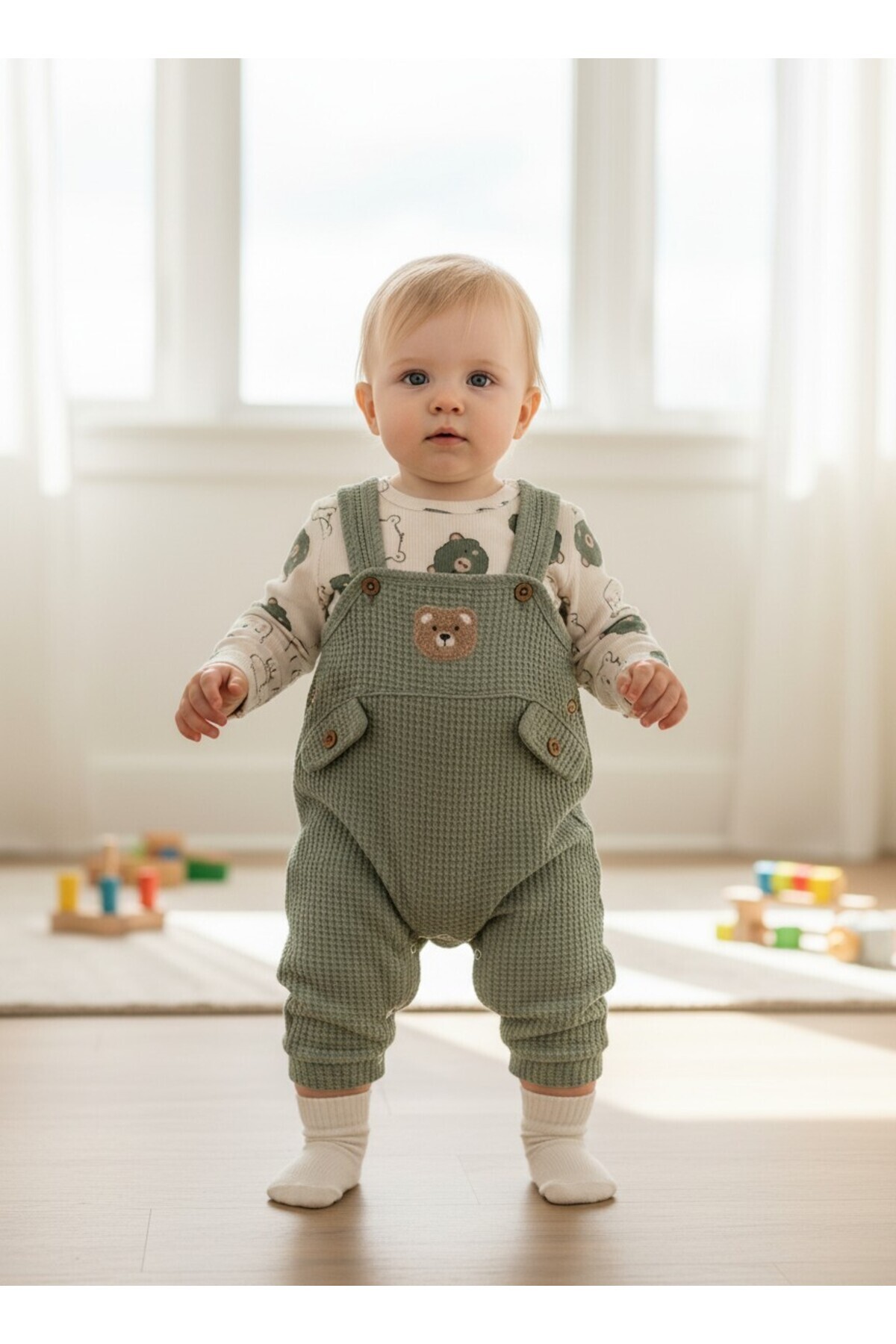Baby Boy Cotton Teddy Bear Dungaree and Waistband Set Socks with Gift