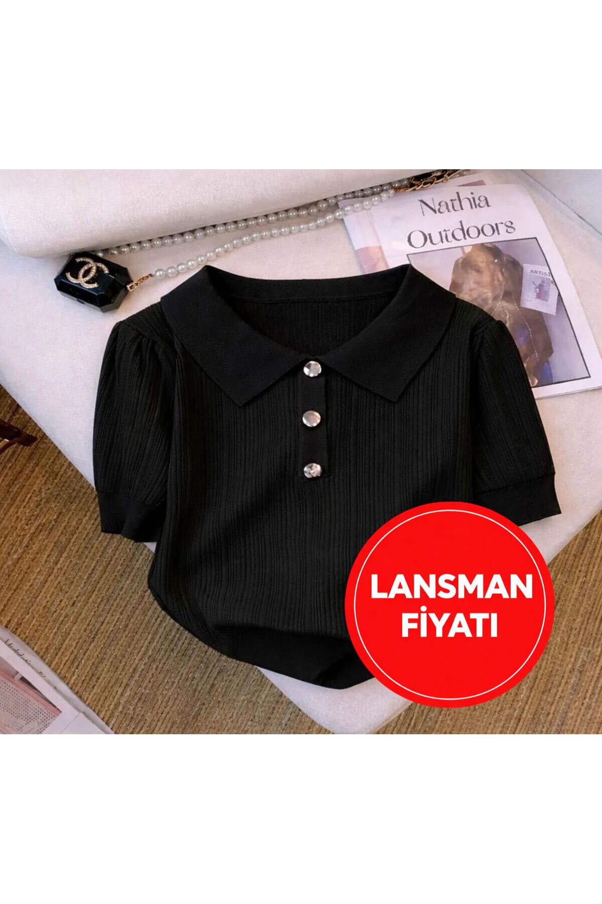 nathia outdoors  siyah Triko Örme Gümüş Gri Düğme Detaylı Kadın T-Shirt