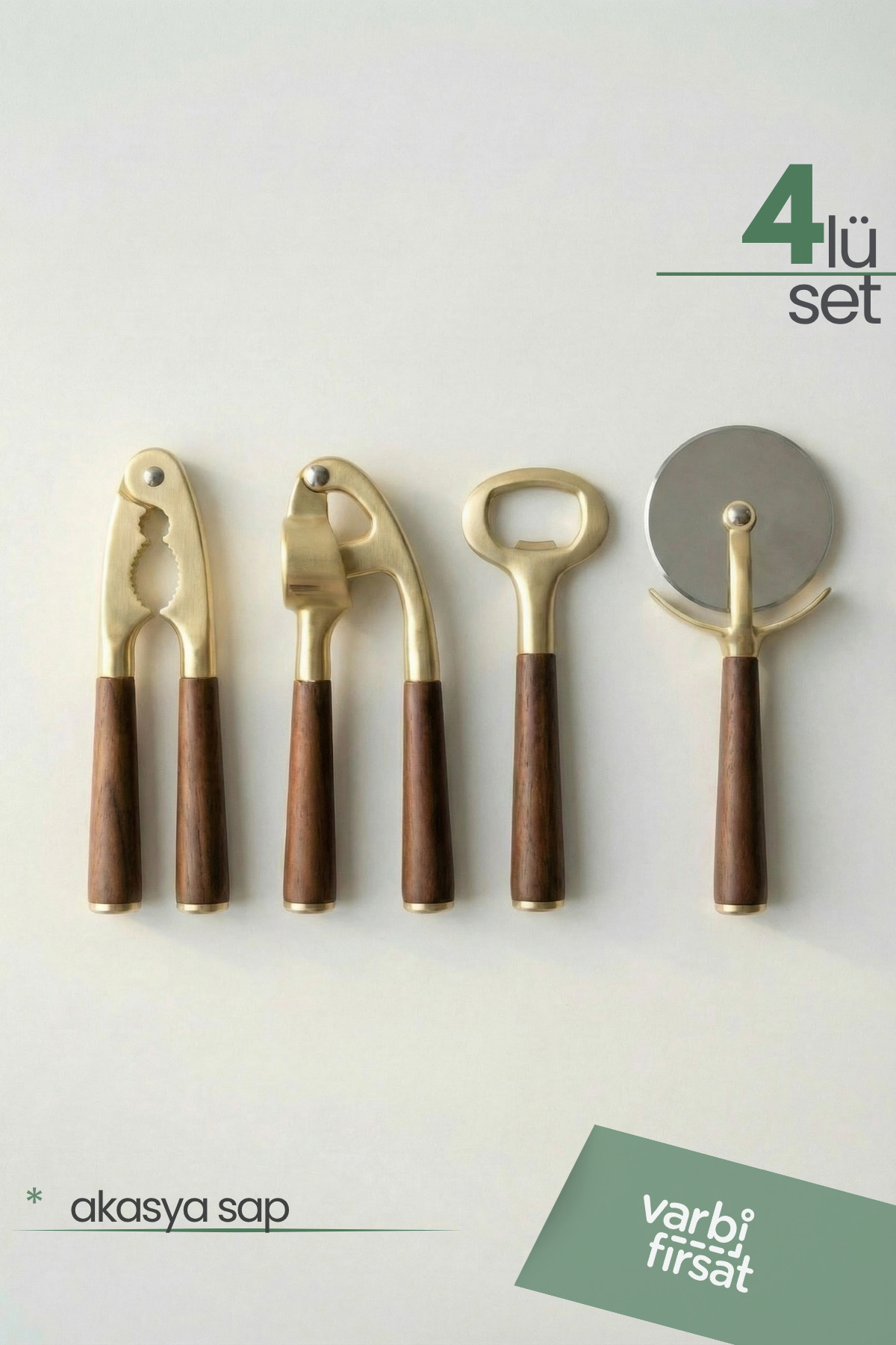 4-Piece Set Acacia Handle Gold Kitchen Set | Garlic Crusher, Walnut Crusher, Pizza Knife, Opener