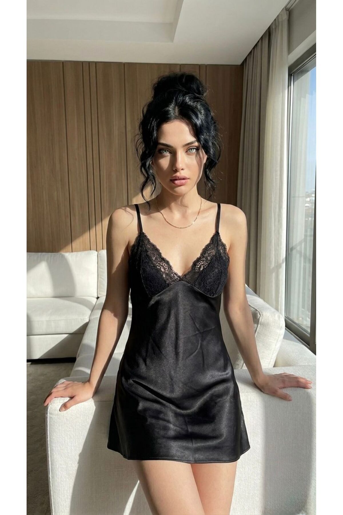 Women's Satin Nightgown with Black Back Neckline