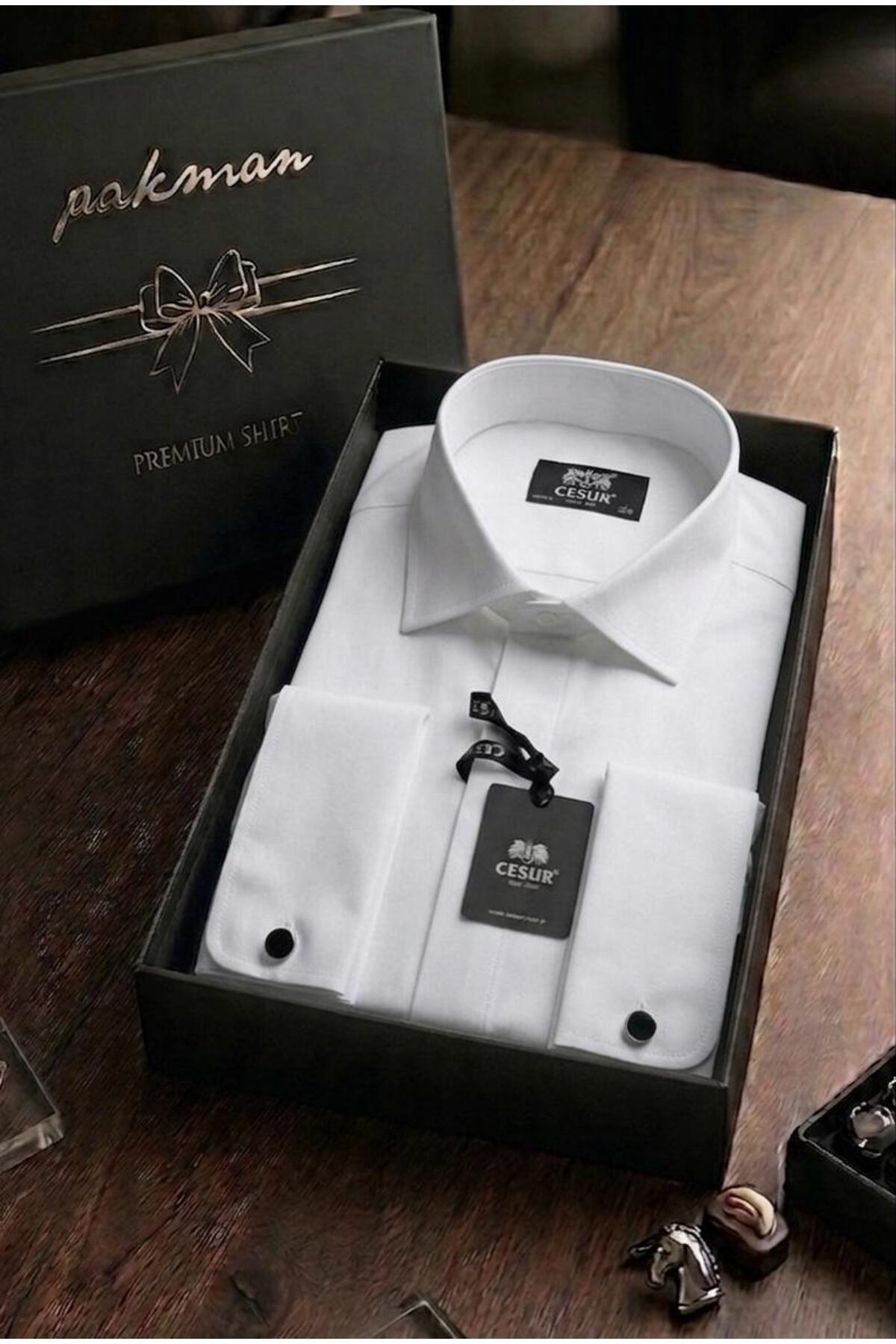 Kanada Slim Fit-Uzun Kol-Gizli Kanun-Klasik Yaka-Duble Manşet Kol Düğmeli Cesur GÖMLEK — سفید CKYDM