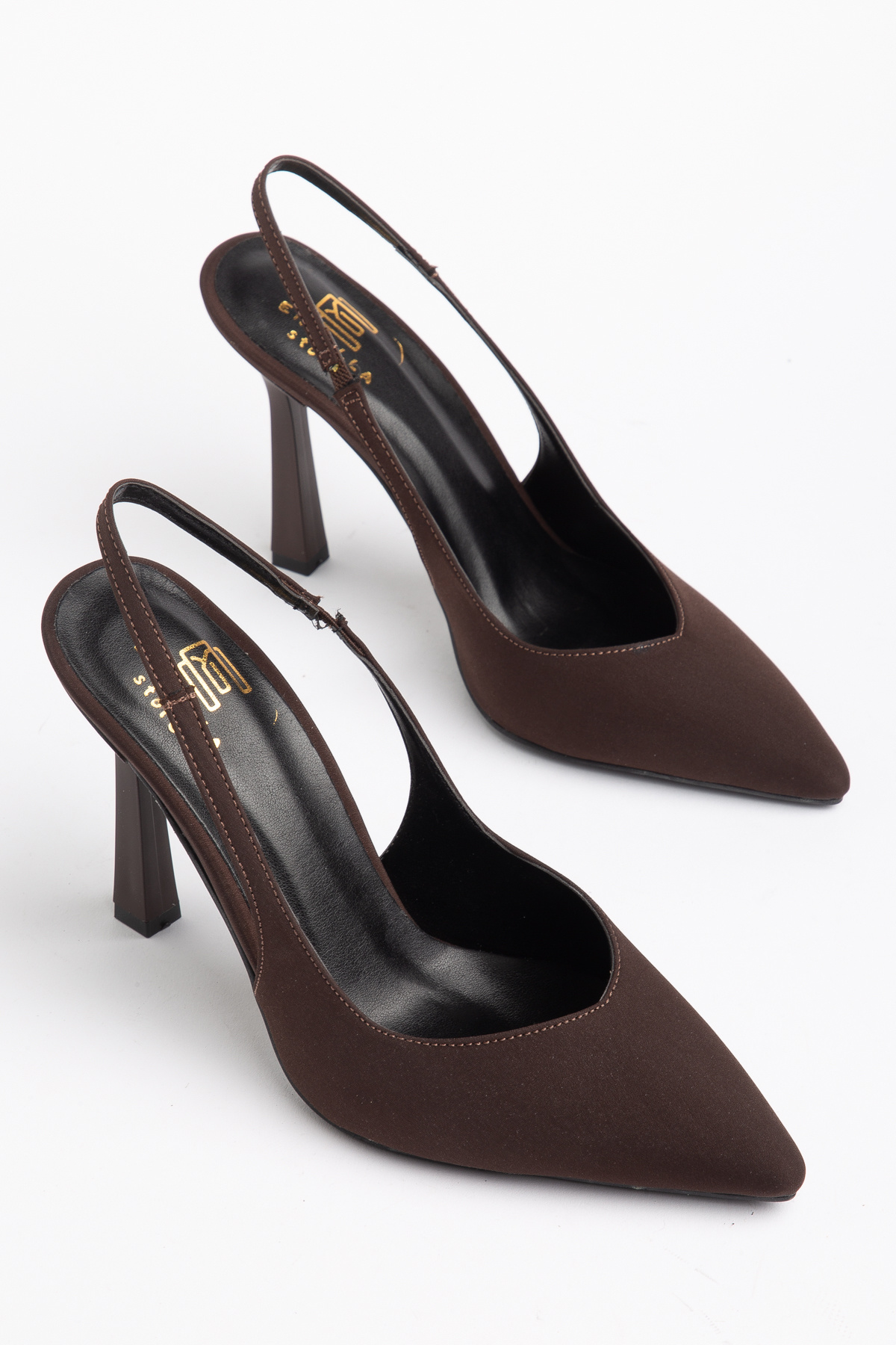 Women's Bitter Brown Satin Elastic High Heel Open Back Shoes