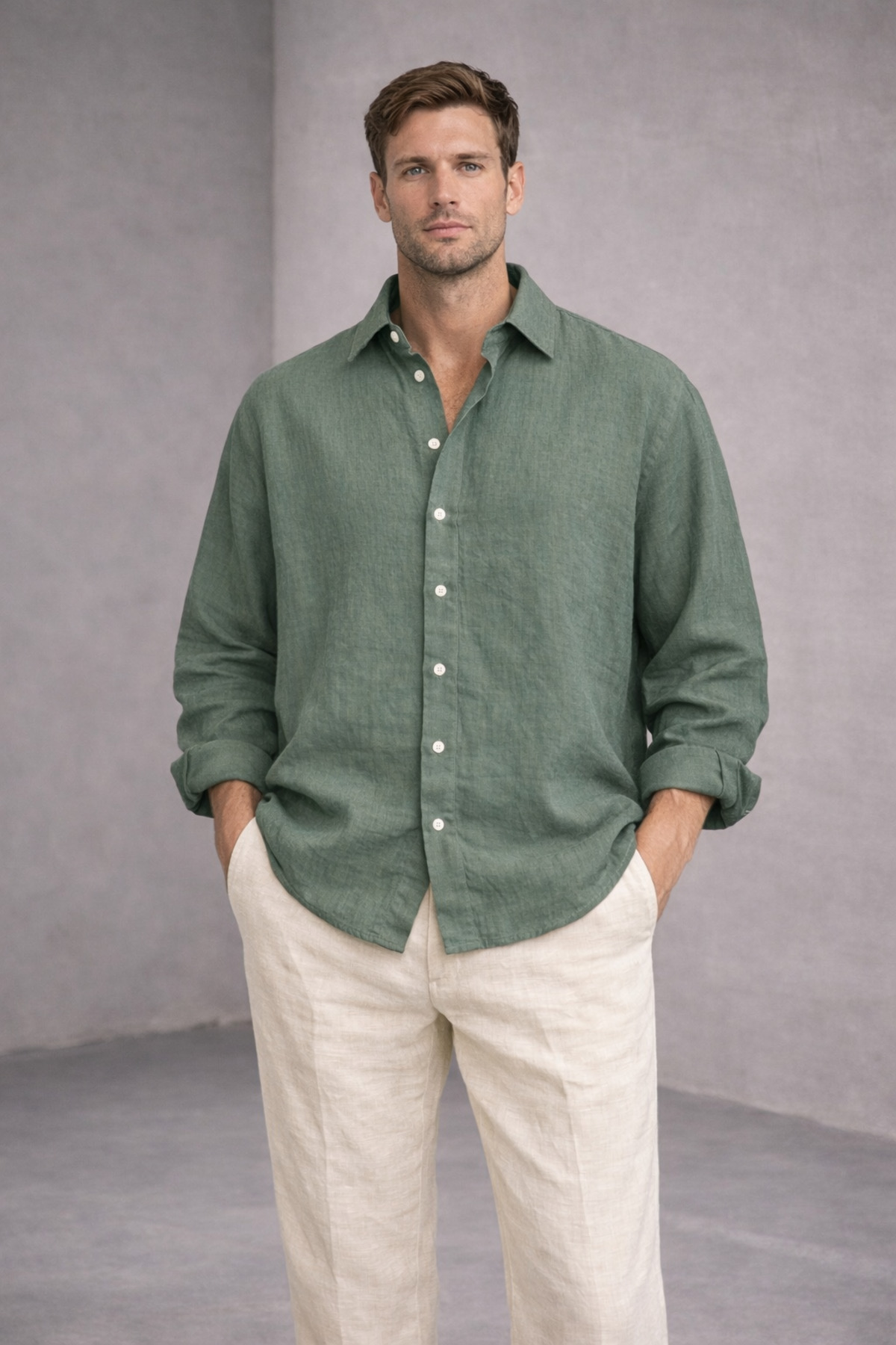 çerme  Oversize Mevsimlik Keten Dokulu Bol Kalıp Uzun Kollu Rahat Kullanım Erkek Haki Gömlek - Görsel 3