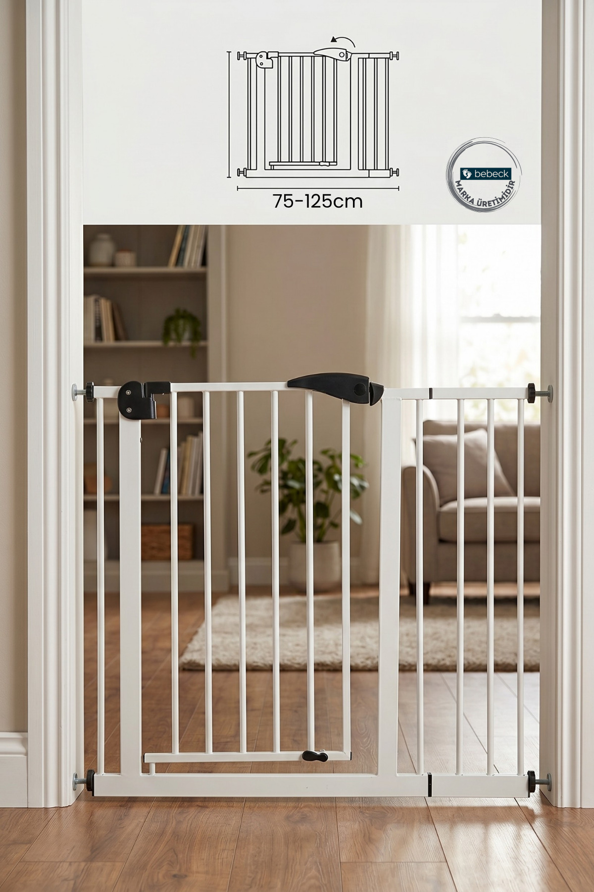 Safety Gate Adjustable Length 125 Cm White New Double Locking Mechanism Auto Closes