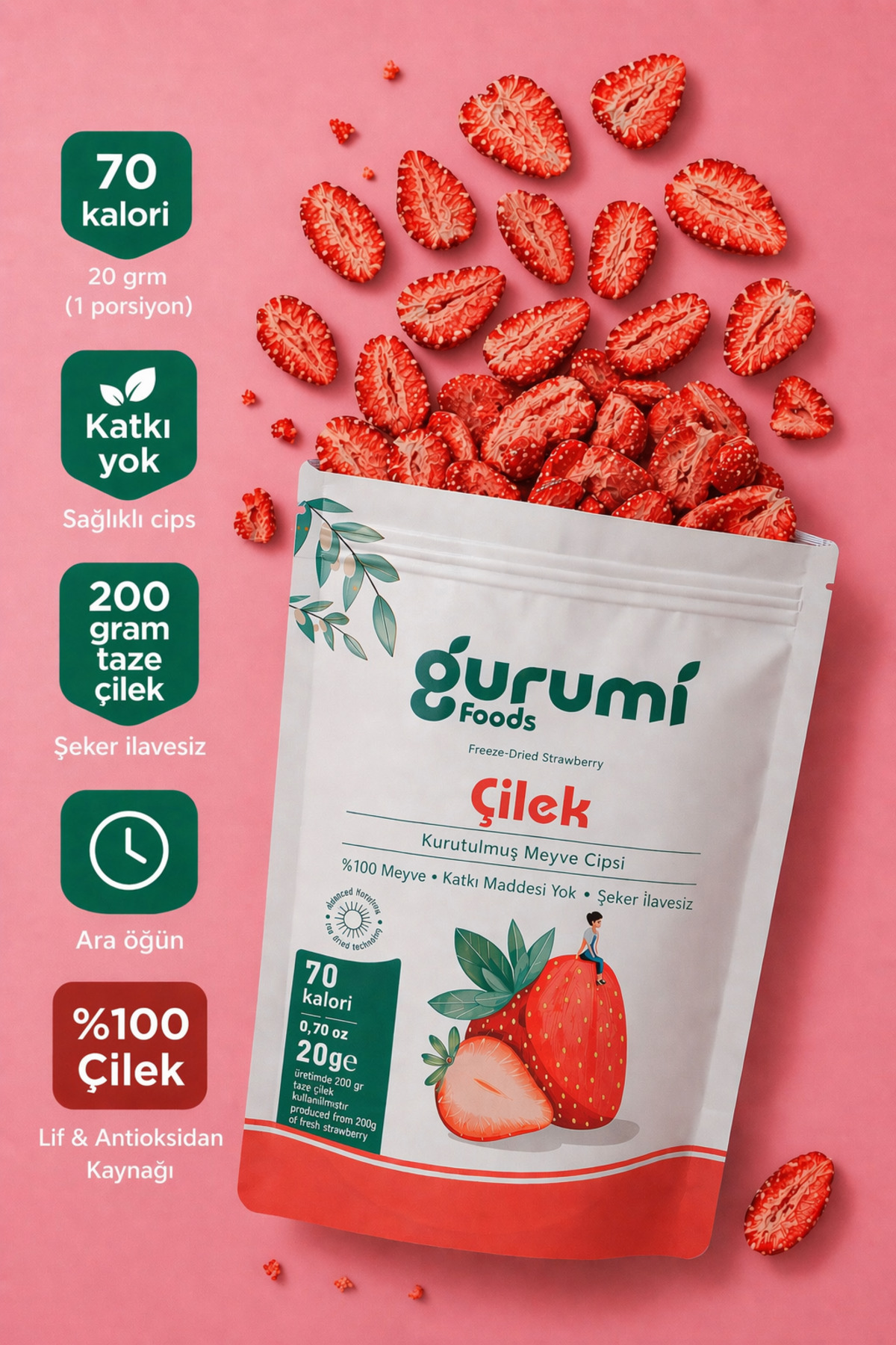 Gurumi Foods Çilek Kuru Meyve Cipsi- Dondurularak Kurutulmuş