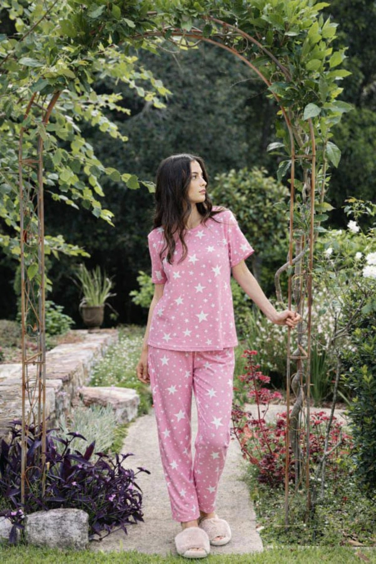 rindahomewear Women's Milan Pink Star Patterned Short Sleeve Pajama Set