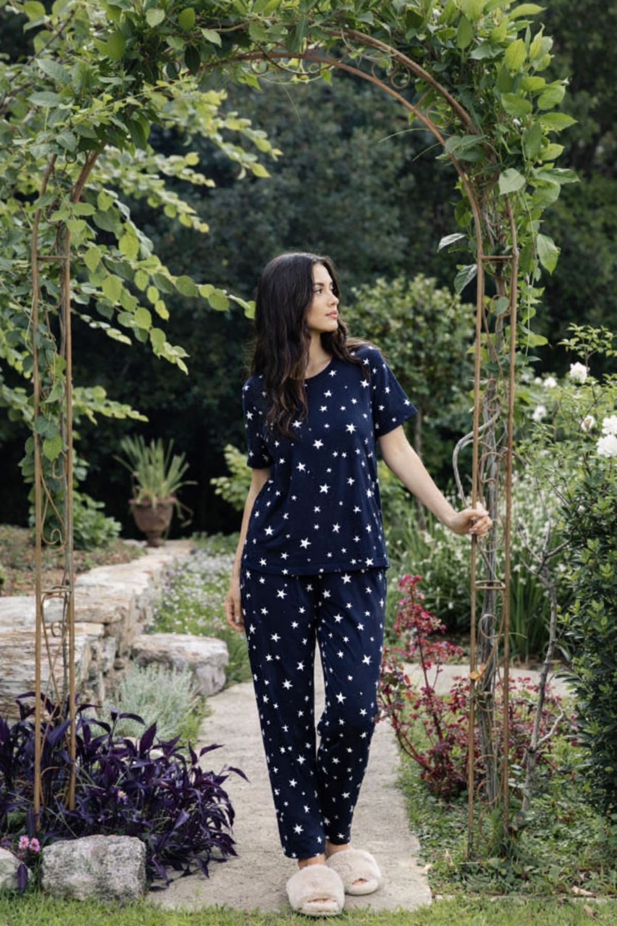 rindahomewear Women's Milan Navy Blue Star Patterned Short Sleeve Pajama Set