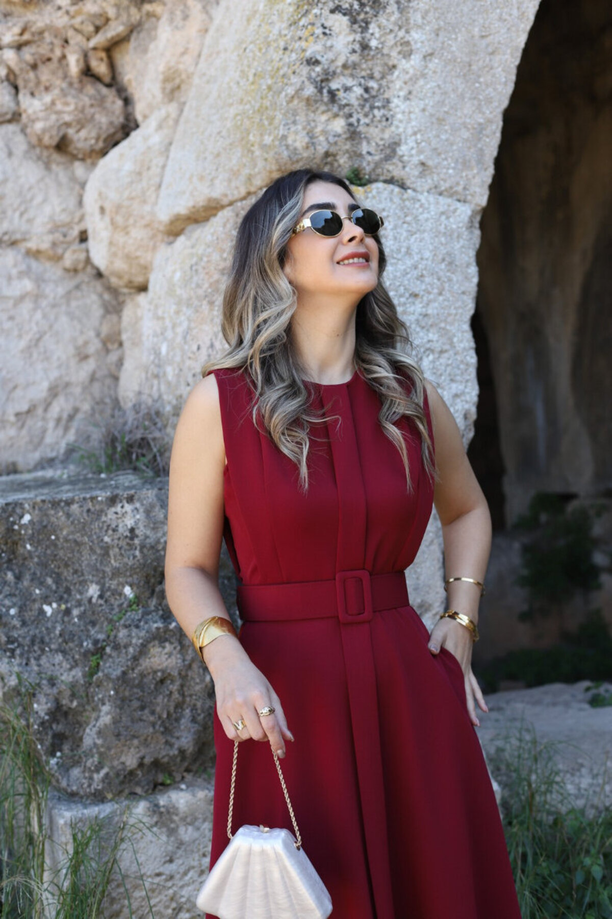 bytugcekaya  Bordo Aller Detay Kemerli Elbise - Görsel 3