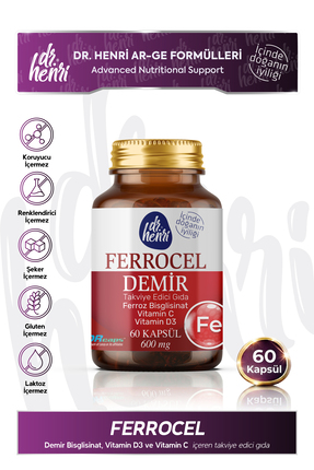 Dr.Henri Ferrocel – Demir Bisglisinat, Vitamin D3 ve Vitamin C 60 Kapsül