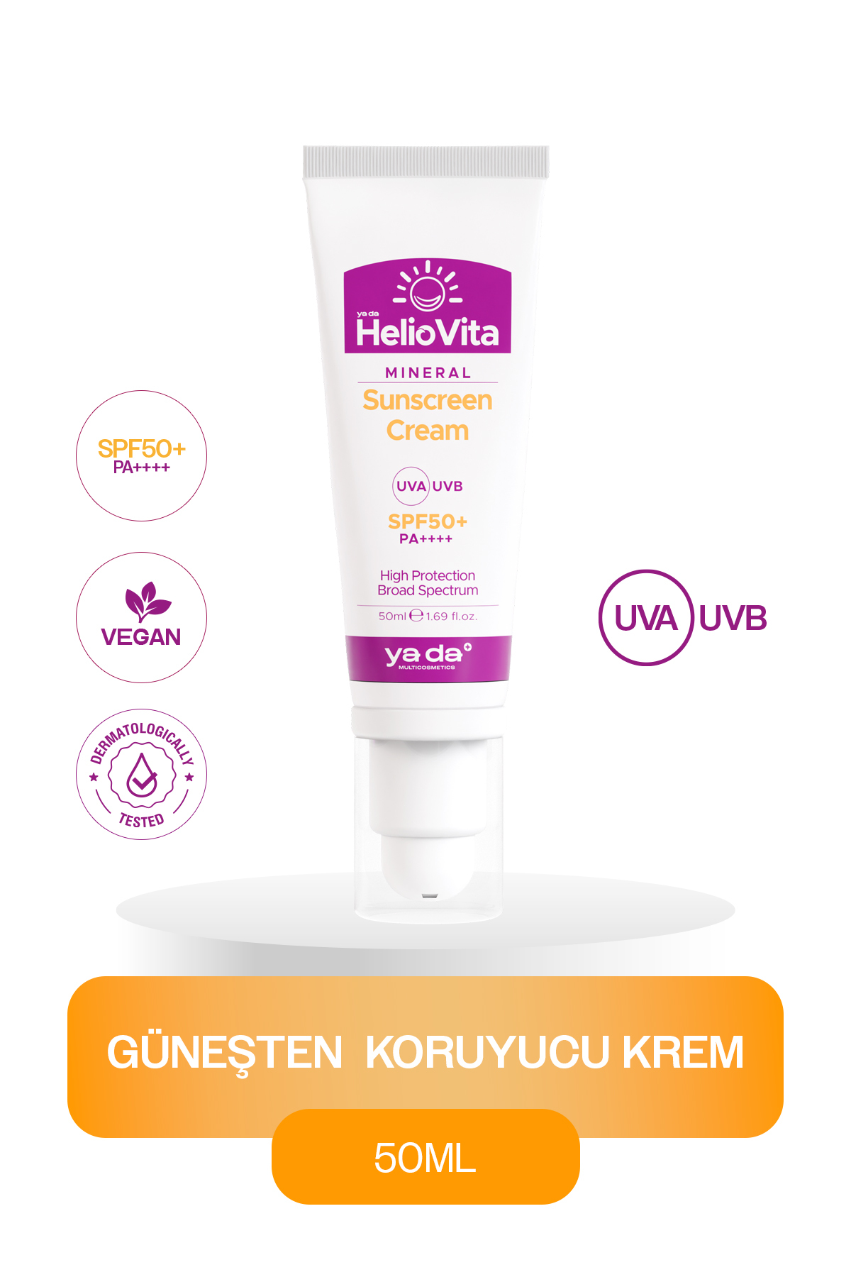 ya da multicosmetics HelioVita %100 Mineral Yüksek Koruma ve Aydınlatıcı Etkili Güneşten Koruyucu Krem, 50 ml, SPF 50+, PA++++