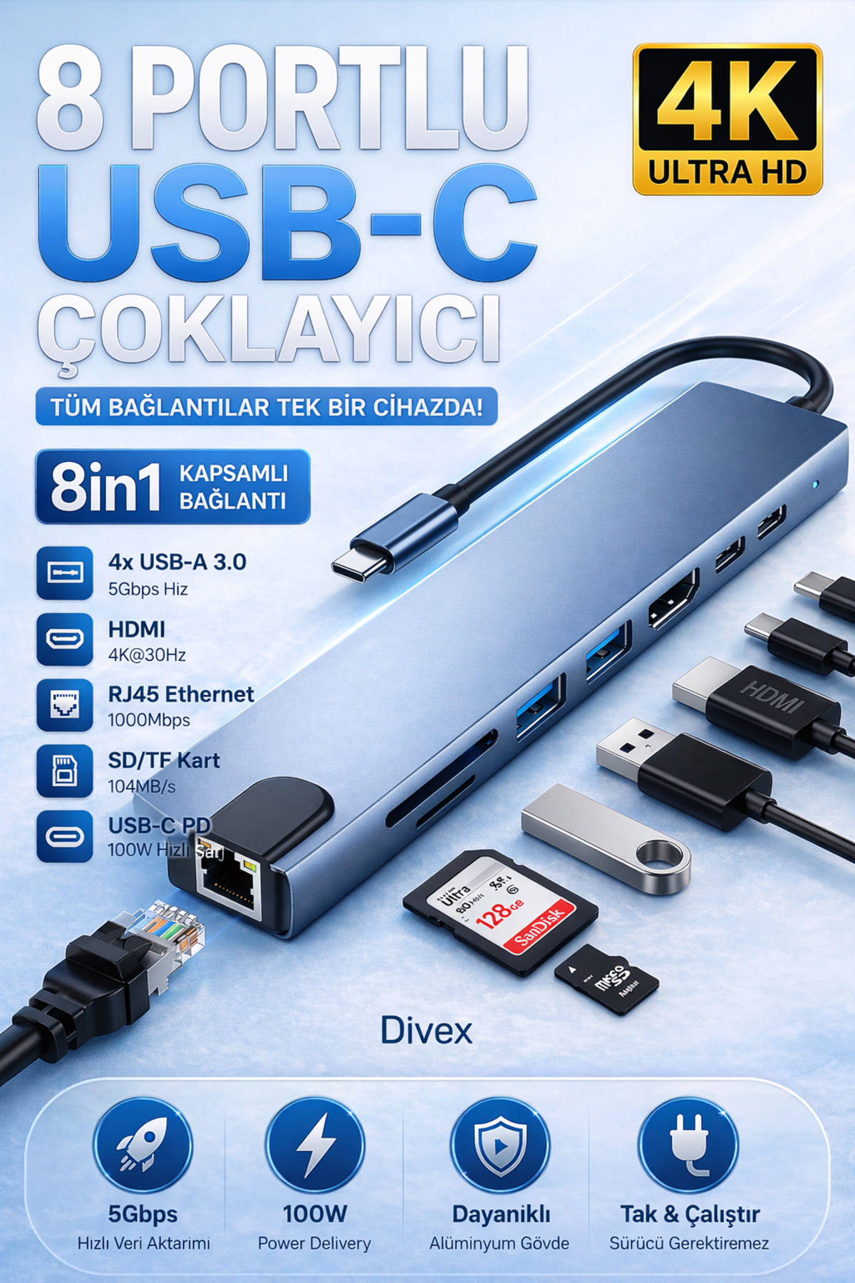 Divex Type-C 8'i 1 Arada Çoklayıcı Hub | HDMI 4K, Ethernet, SD