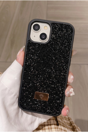 KVK PRİVACY iPhone 13 / 14 / 15 Uyumlu – Elmas Tasarımlı, Siyah Taşlı, Işıltı...