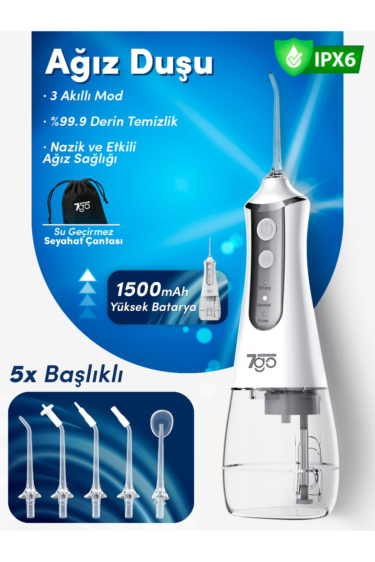 7GO 7GMF1 Şarjlı Ağız Duşu (Water Flosser) – 300ml Su Haznesi, 5 Başlıklı IPX6 Su Geçirmez Diş Temiz - Fiyatı, Yorumları