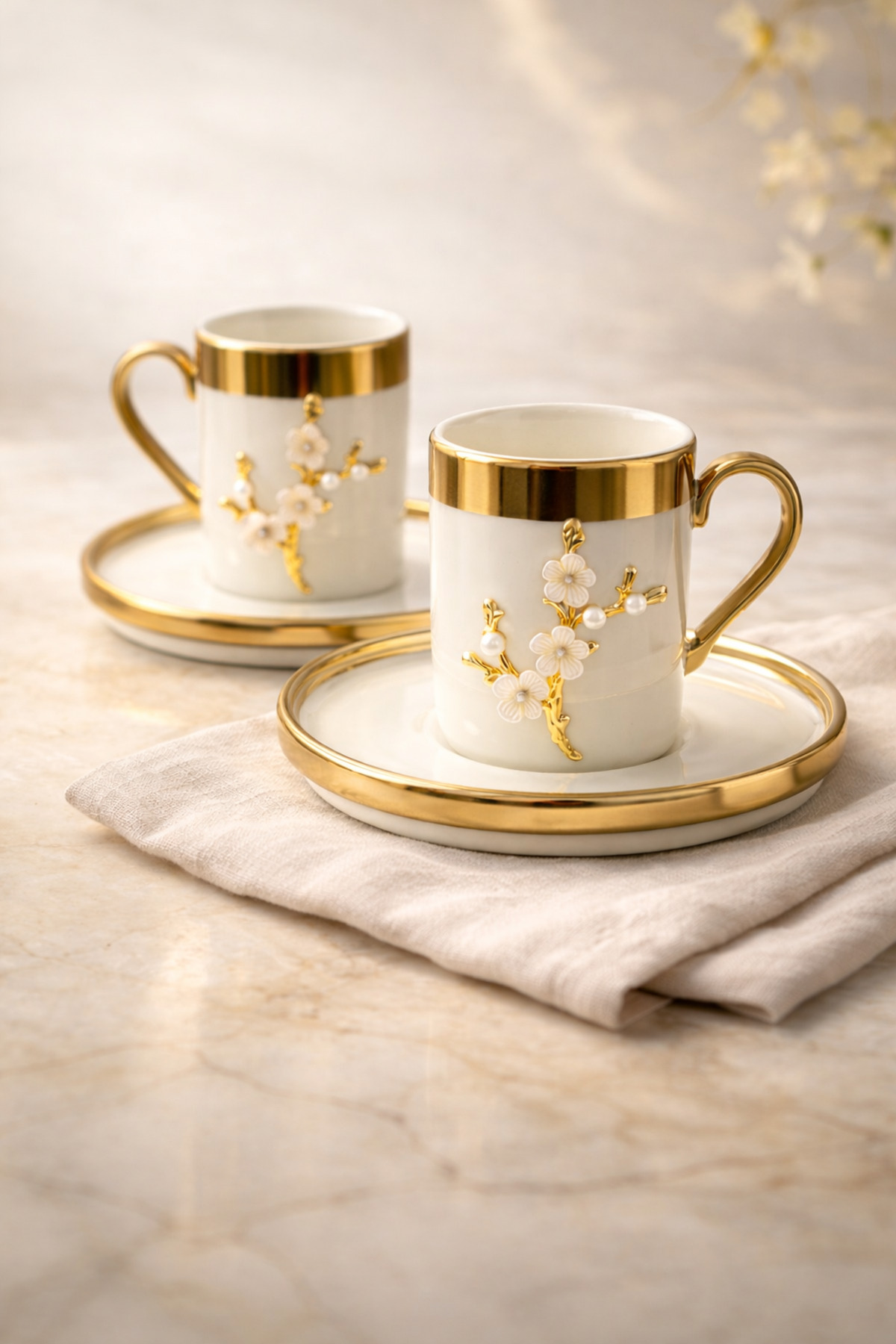 YzHome 2 Kişilik Lüks Beyaz Gold Yaldızlı İnci Lotus Dallı Kahve Fincan ...