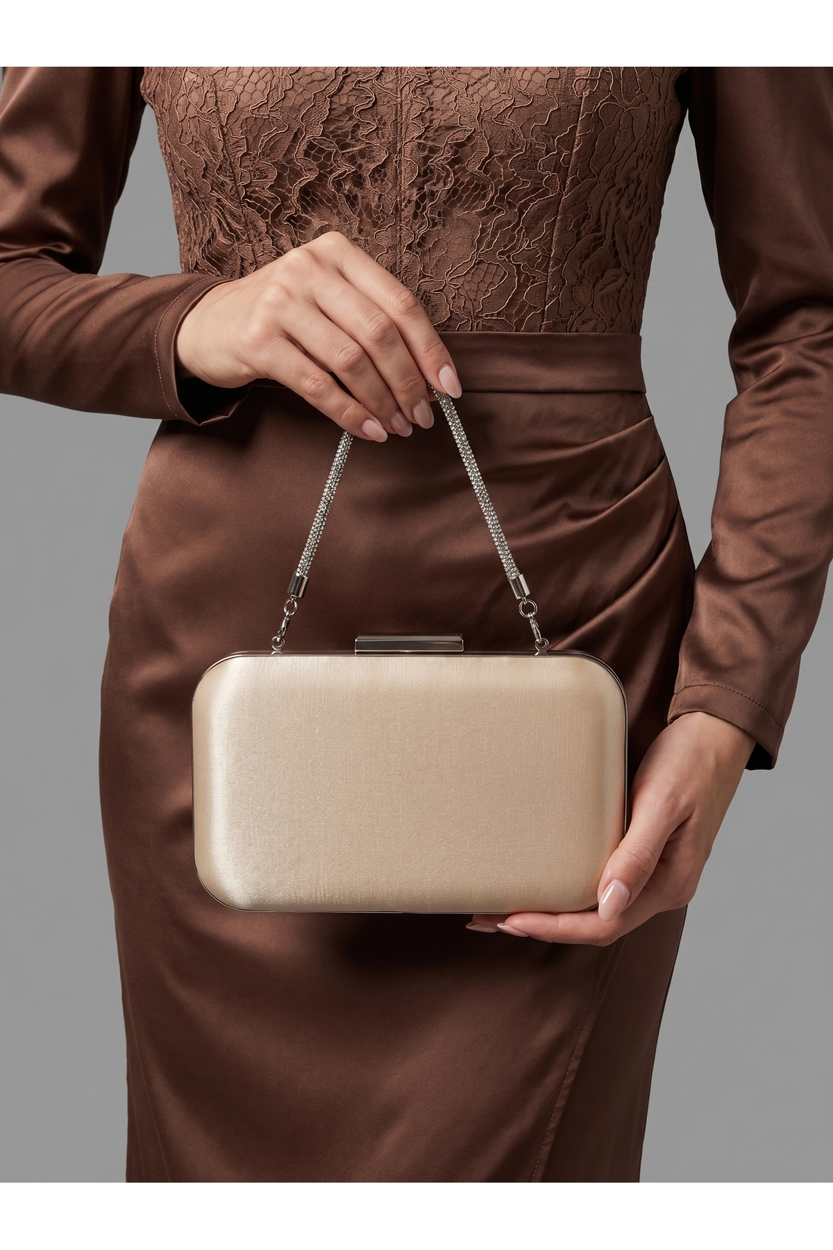 Skin Nude Color Glitter Satin Women's Evening Dress Bag Wedding Engagement Graduation