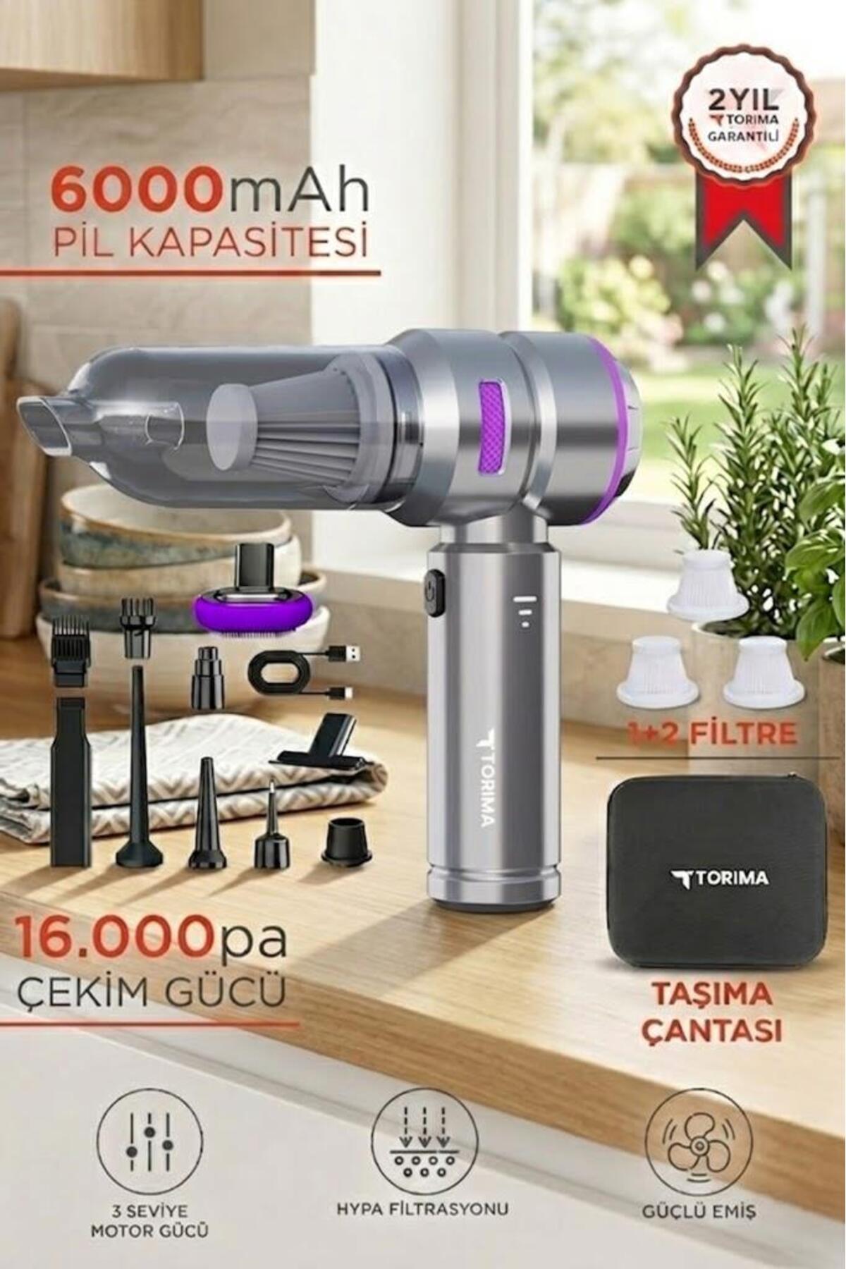 Torima Araç İçi Süpürge 4IN1 17000PA Emiş Güçlü Üflemeli Şarjlı