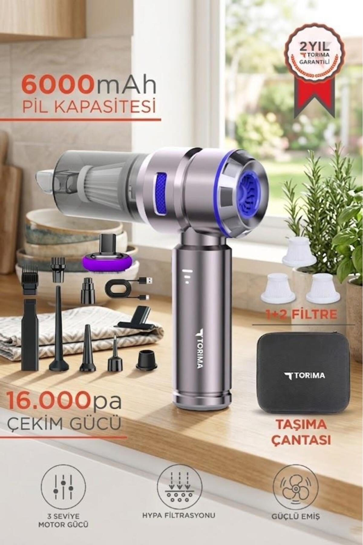 Torima Araç İçi Süpürge 4IN1 17000PA Emiş Güçlü Üflemeli Şarjlı