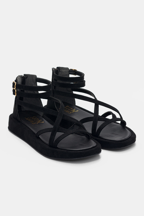 selin shoes Lony Ön Çarpraz Detaylı Bilek Tokalı Kadın Sandalet- SİYAH SÜET