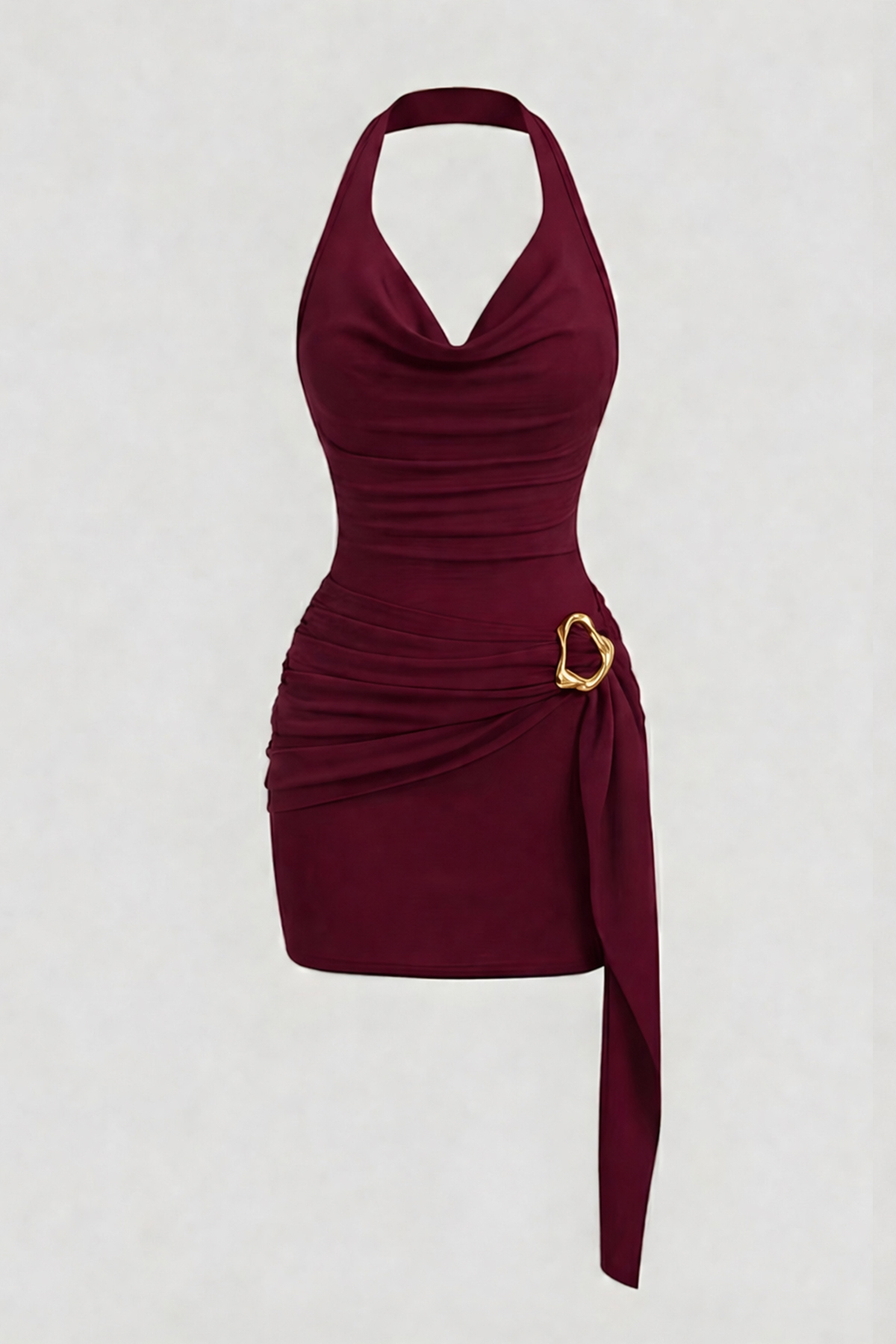 World Fashion Trends  BORDO Kadın DEGAJE HALTER Yaka Toka Detaylı Kuşaklı Toparlayıcı Kalıp Mini Elbise