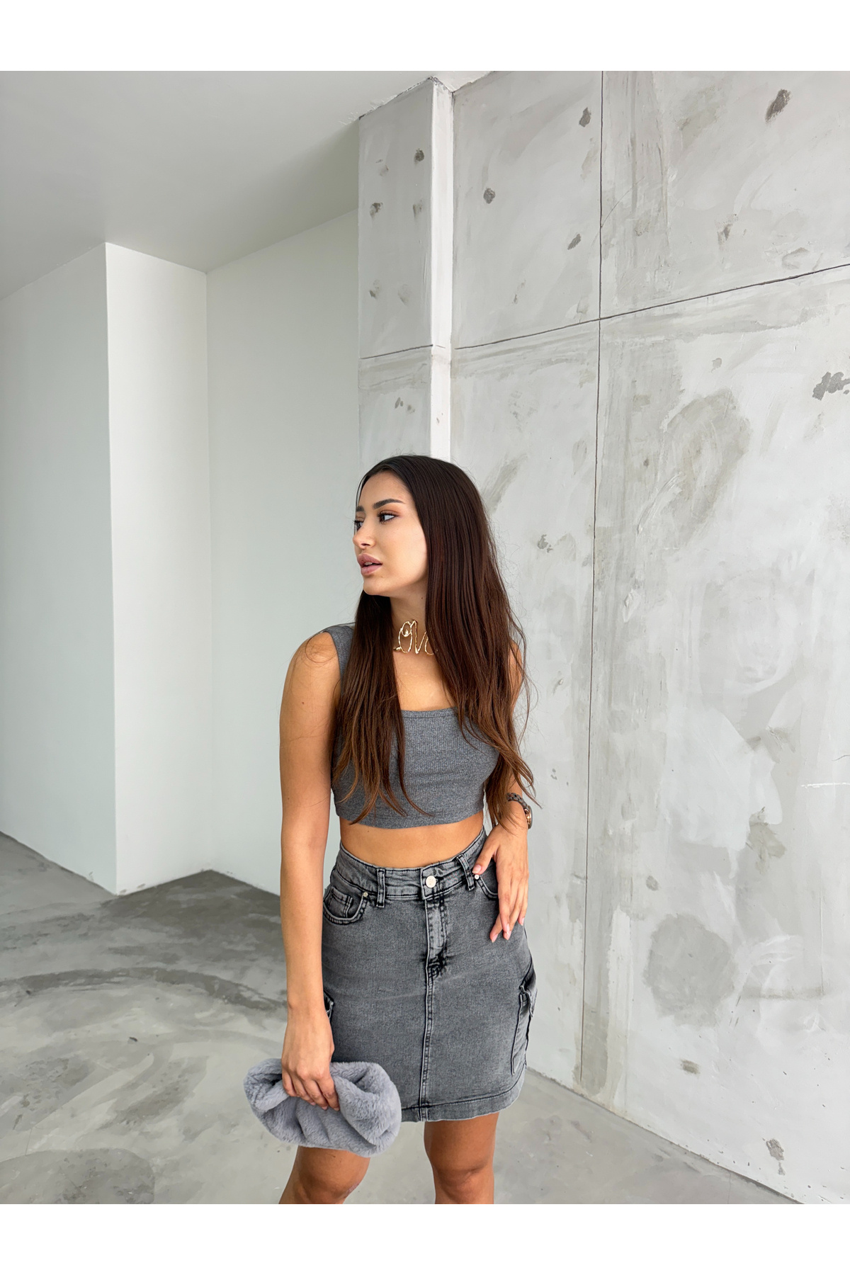 Kadın Kargo Cep Detaylı Yüksek Bel Mini Denim Etek füme 7
