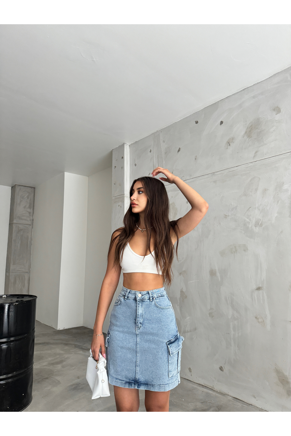 Kadın Kargo Cep Detaylı Yüksek Bel Mini Denim Etek AÇIK MAVİ 8