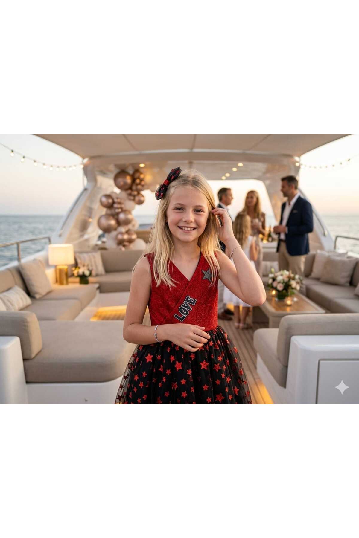 Hilal Akıncı Kids Kız Çocuk Yıldızlı Simli Love Model Abiye Elbise
