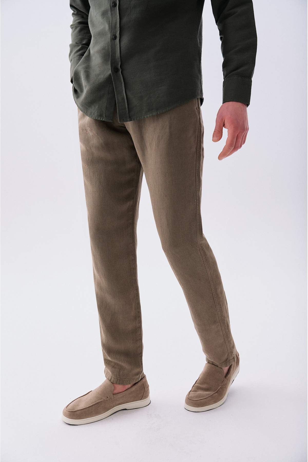 Erkek Kahverengi Keten Karışımlı Straight Fit Pantolon — قهوه‌ای 1267373 — تصویر 4 از 7