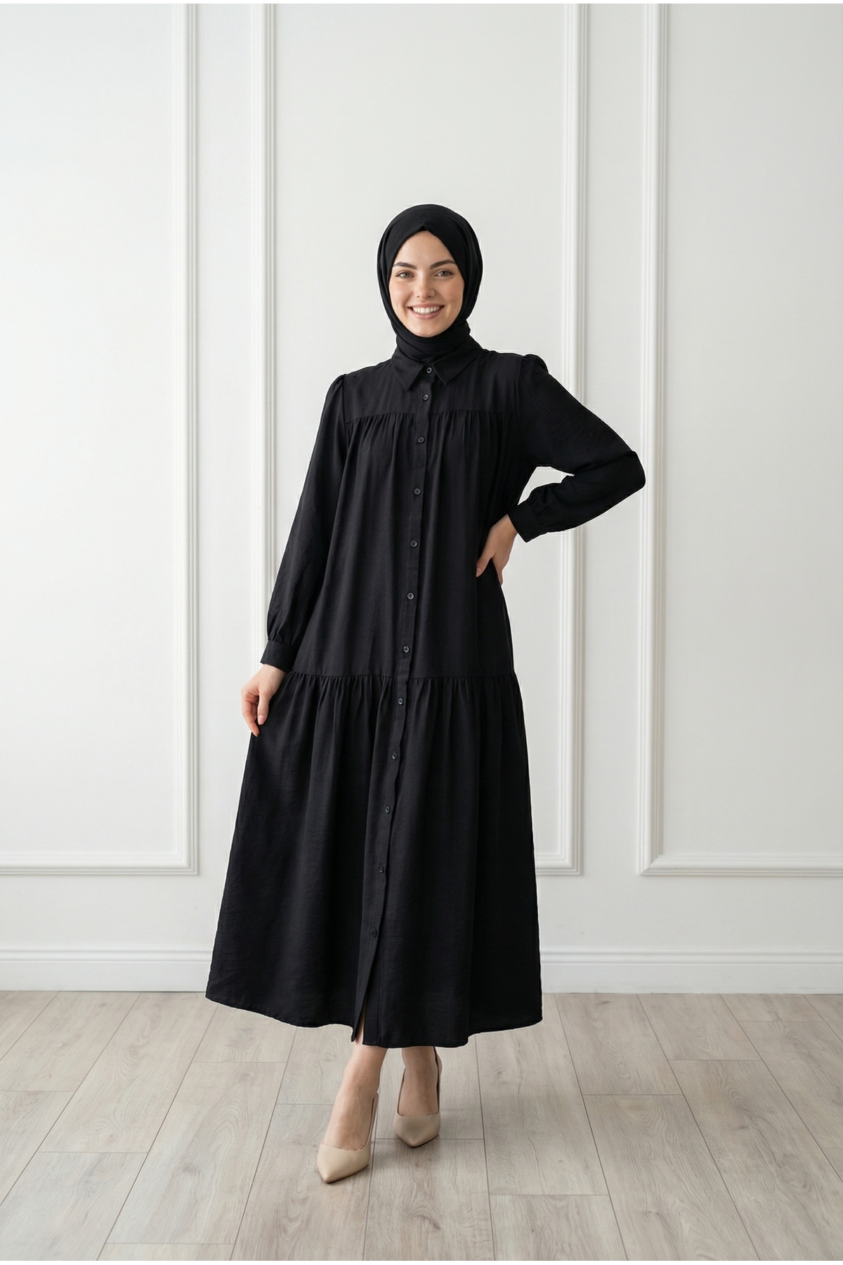 Zafire Buttoned Yoke Strawberry Dress-BN4603 Black