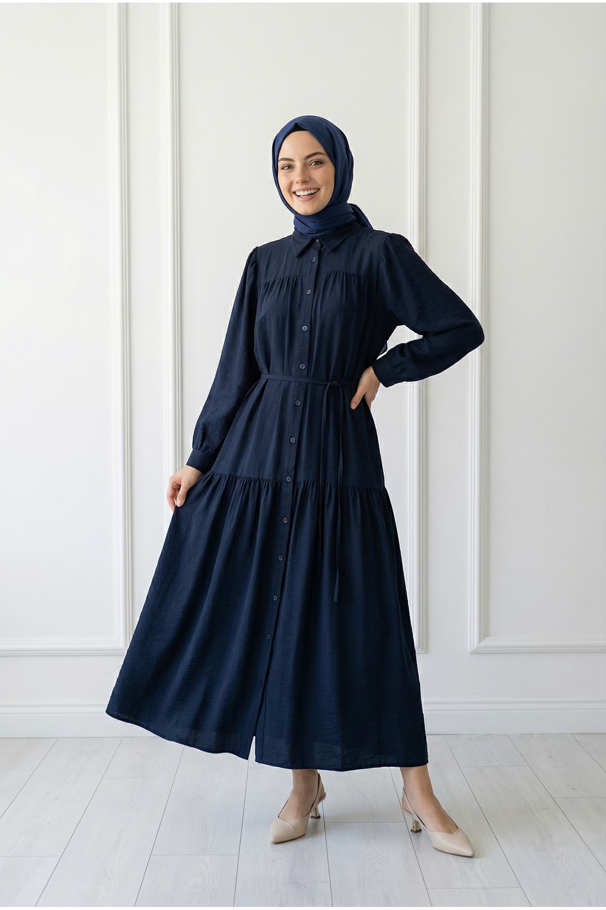 Zafire Buttoned Yoke Strawberry Dress-BN4603 Navy
