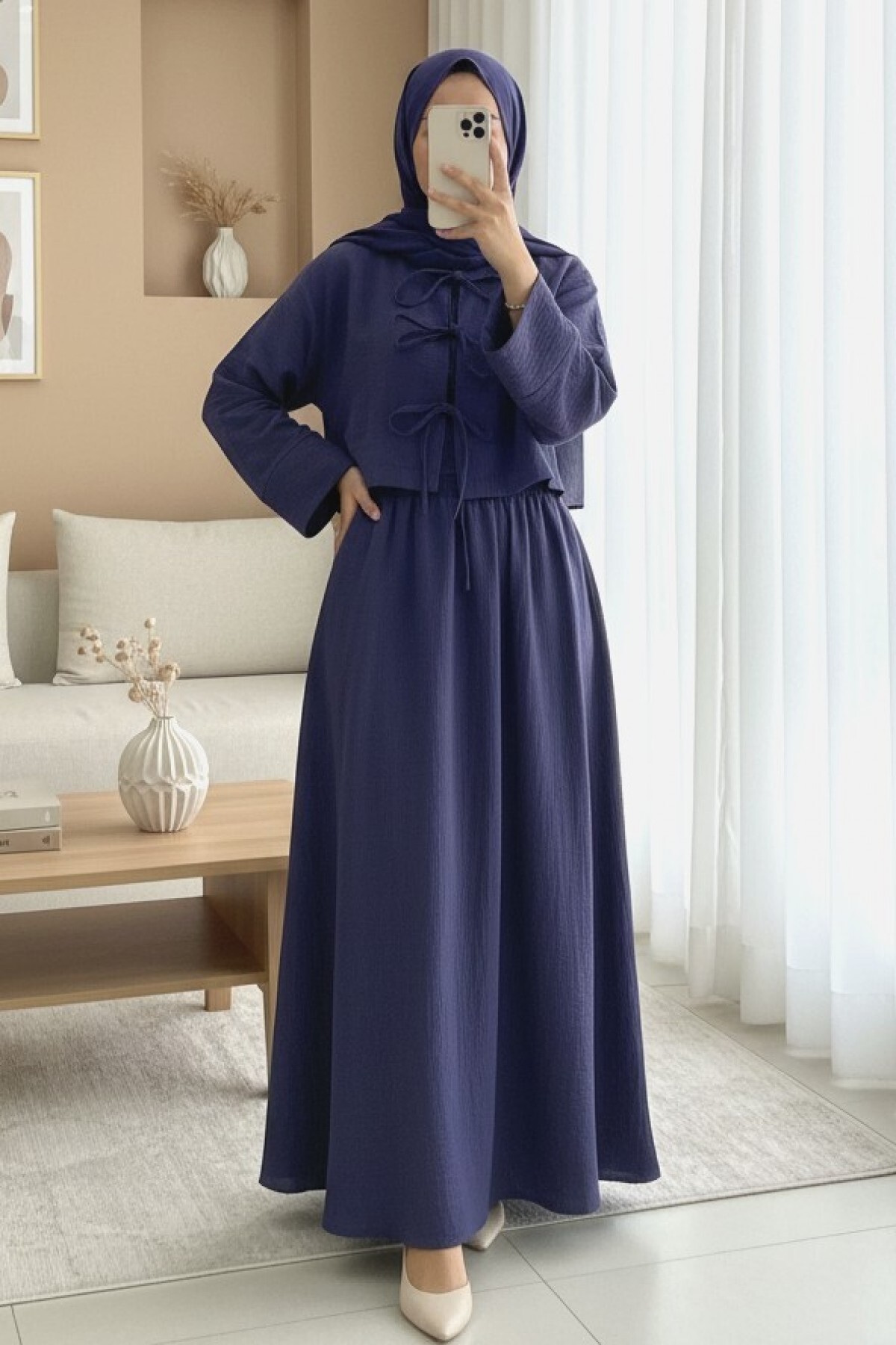 Modamorfo Linen Look Suit with Lace-Up Front and Elastic Waist Skirt - Navy