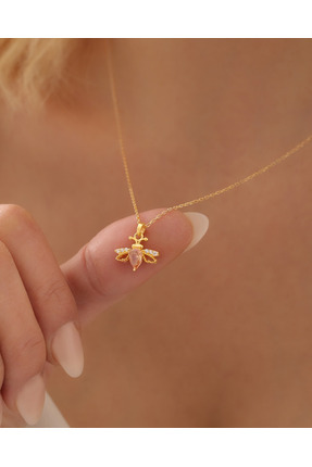 missamori 925 Ayar Gümüş Gold Kaplama Zirkon Taşlı Arı Kolye