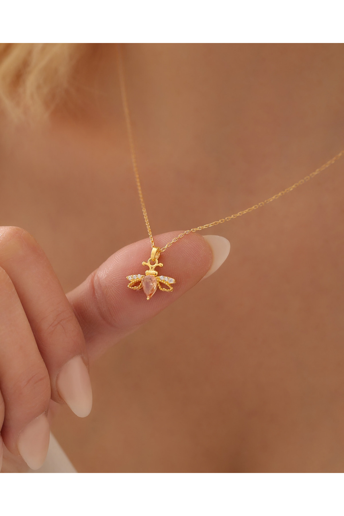 missamori 925 Ayar Gümüş Gold Kaplama Zirkon Taşlı Arı Kolye