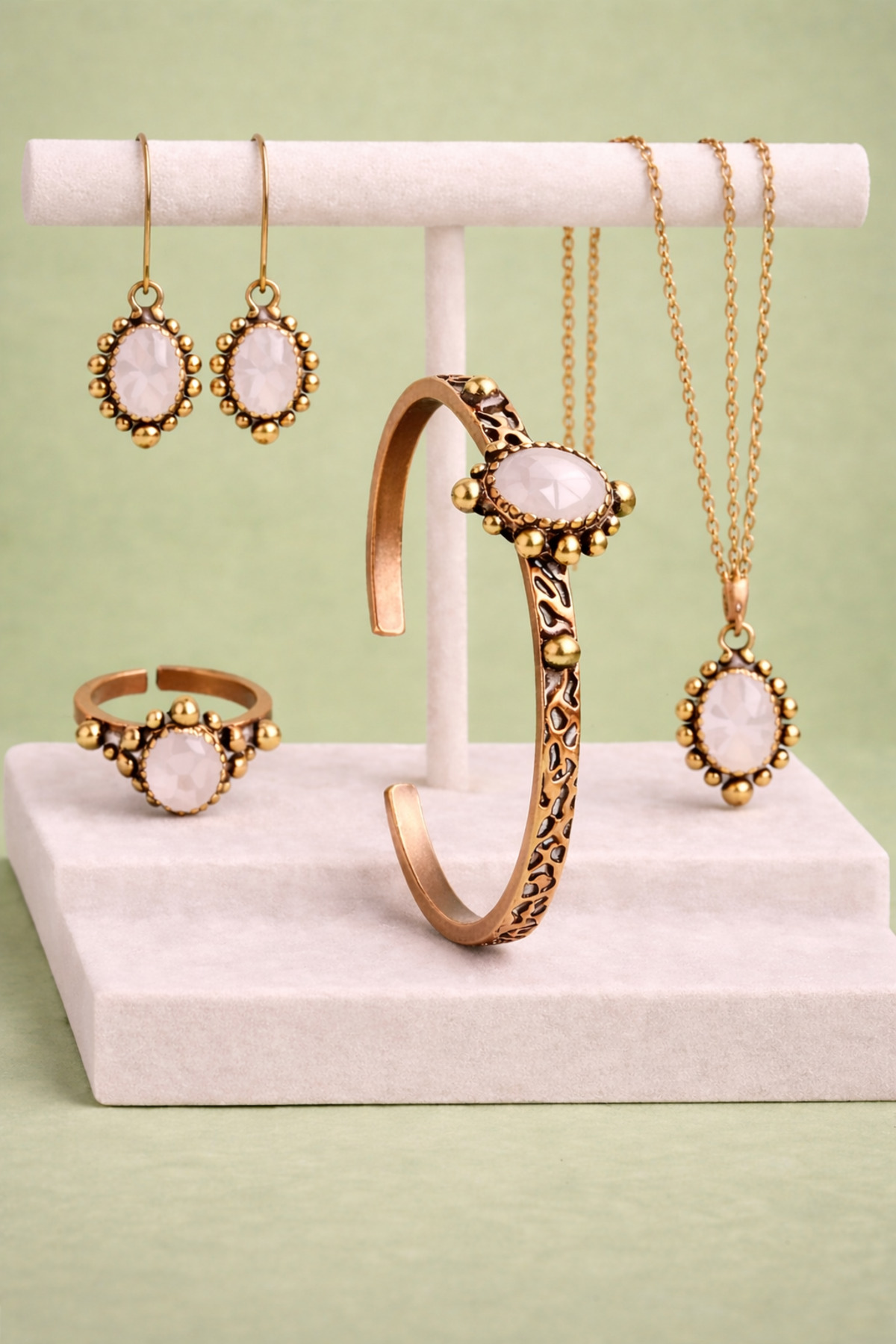 Crystal Quartz Gemstone Jewelry Set Necklace Bracelet Earrings Ring Antique Antique Copper Stylish Women's Set
