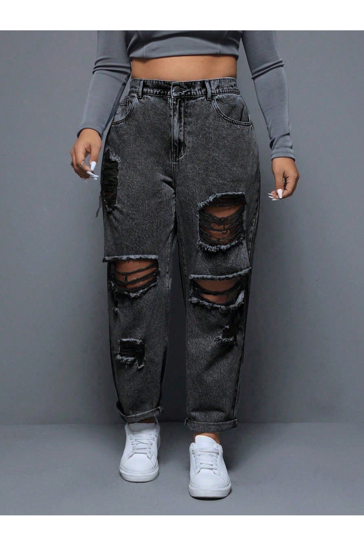 HerTon  Kadın Yırtık Detaylı Mom Jean Pantolon – Yüksek Bel Vintage Denim Rahat Kesim Trend Pantolon