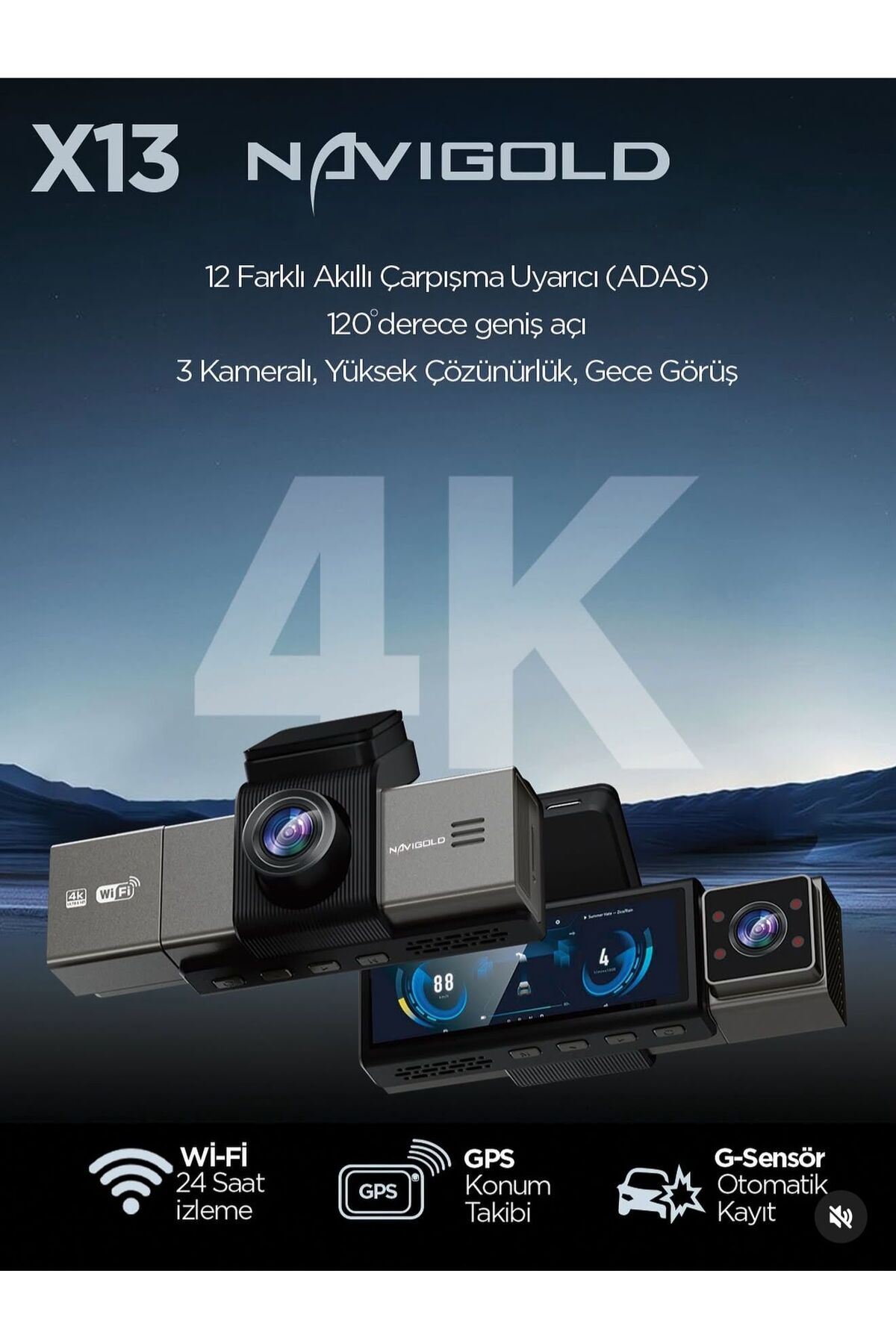 その他 UTA Navigold X13 Serisi 3 Kameralı Profesyonel 4K Araç İçi Kayıt