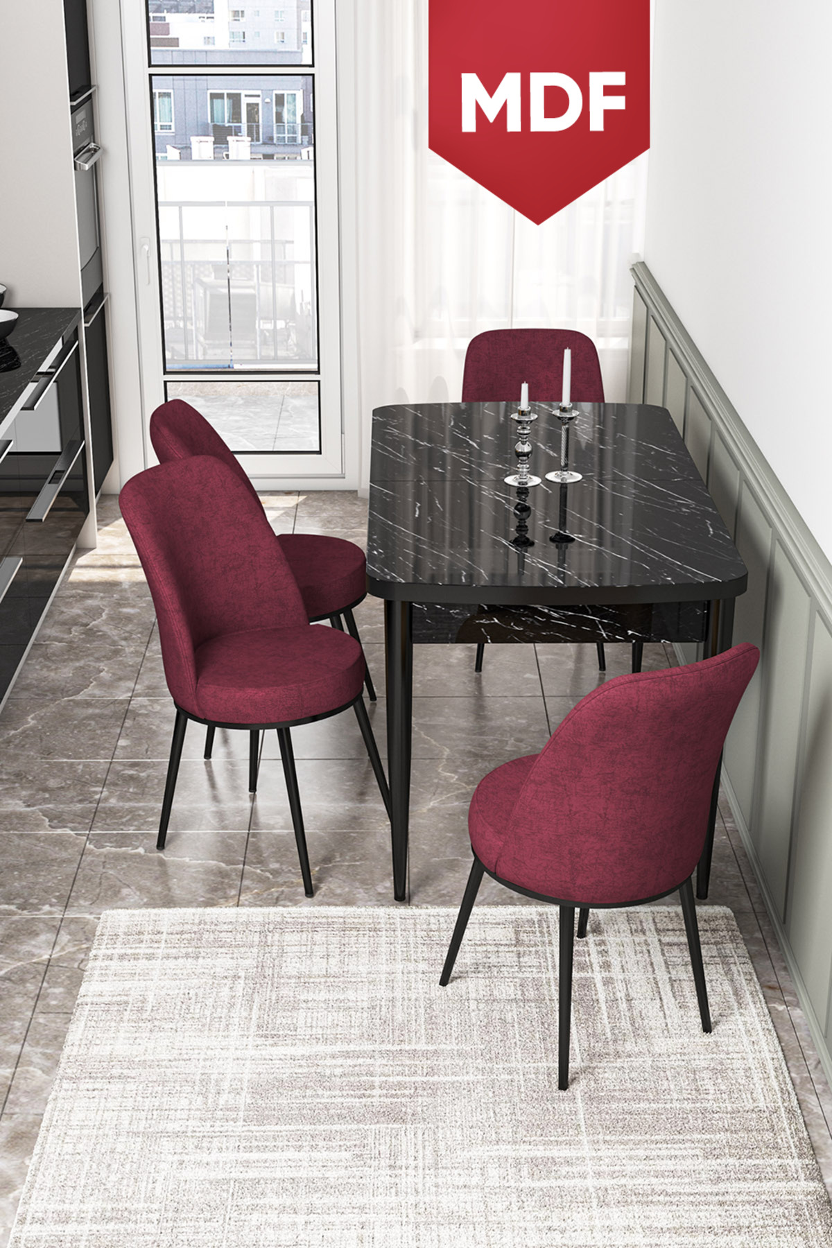 Kor Series 70x114 MDF Retractable Kitchen Table Set Black Marble Pattern Table 4 Burgundy Chair