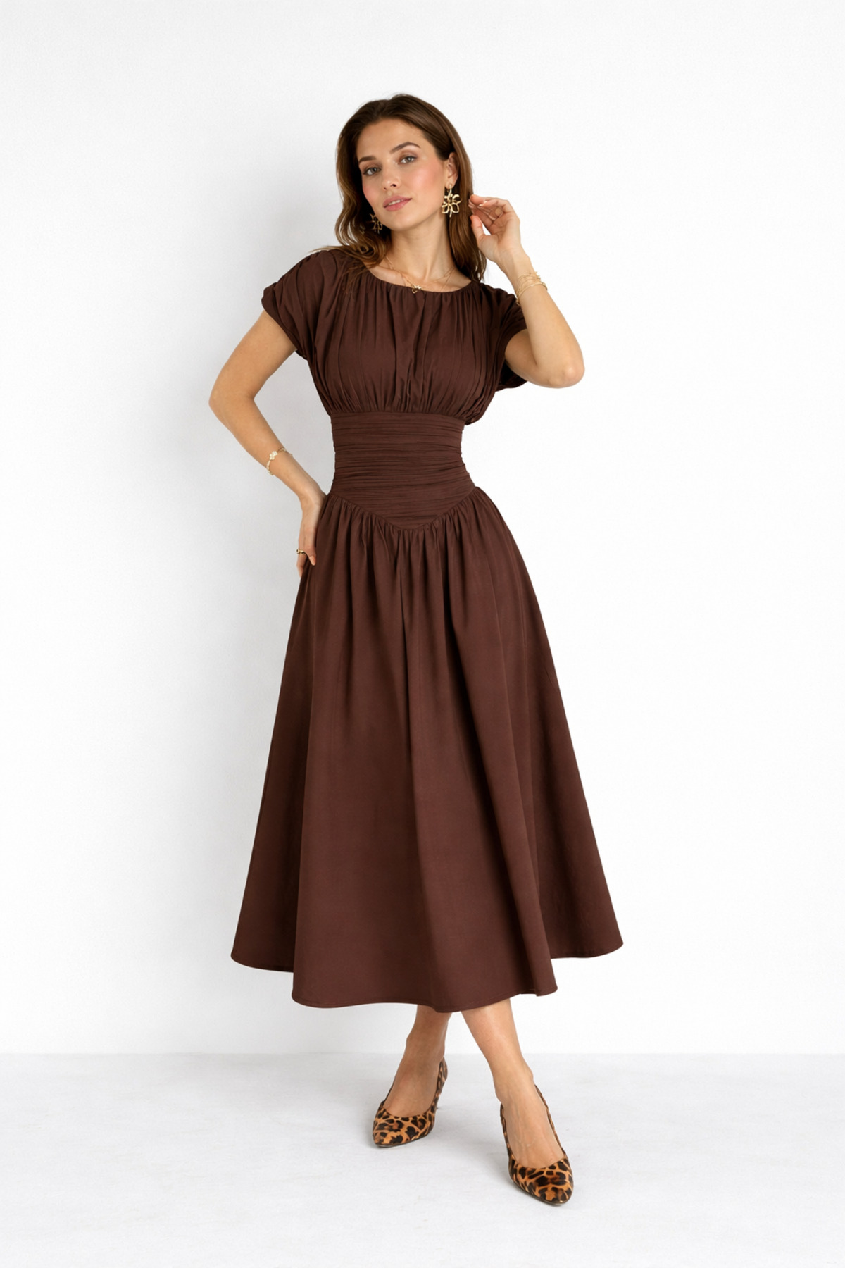 Genel Markalar  drapeli geniş çan etek beli büzgü tasarım kısa kollu bele oturan pinterest şık muadil midi elbise