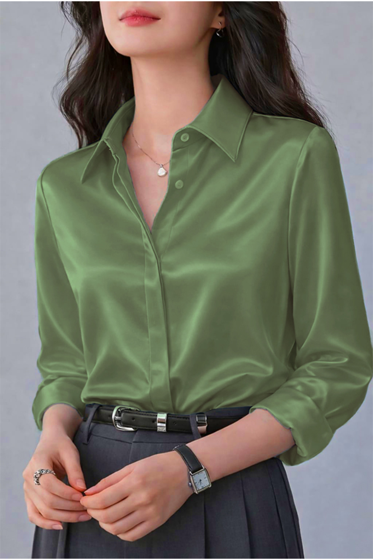 TRENDBUTİKOFFİCİAL Saten Kumaş Gömlek - Mint Yeşili görsel 3