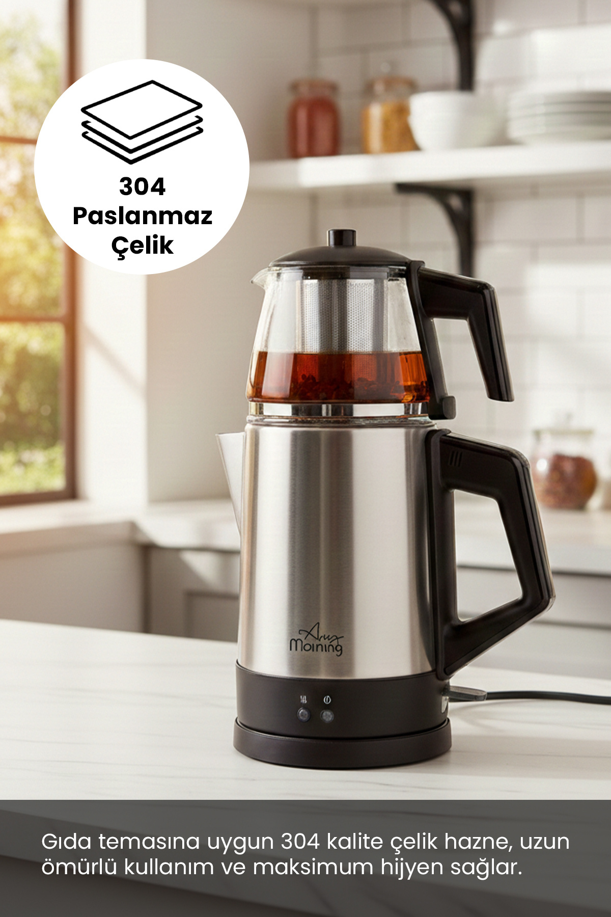 Any Morning OZ26CM05 Cam Demlikli Paslanmaz Çelik Çay Makinesi