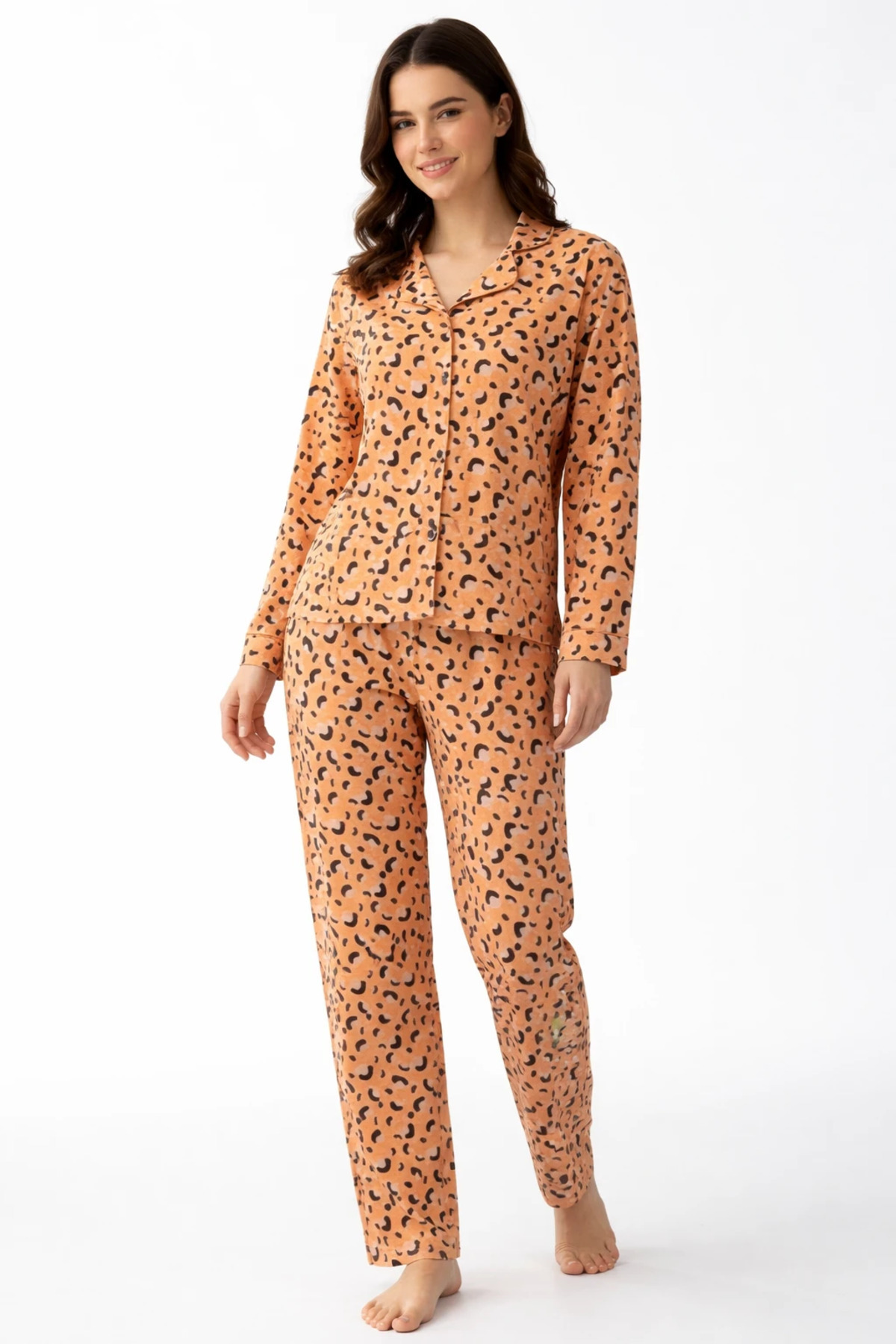 Sude HOMEWEAR KADIN GÖMLEK LEOPAR DESEN UZUN KOL PİJAMA TAKIMI görsel 2