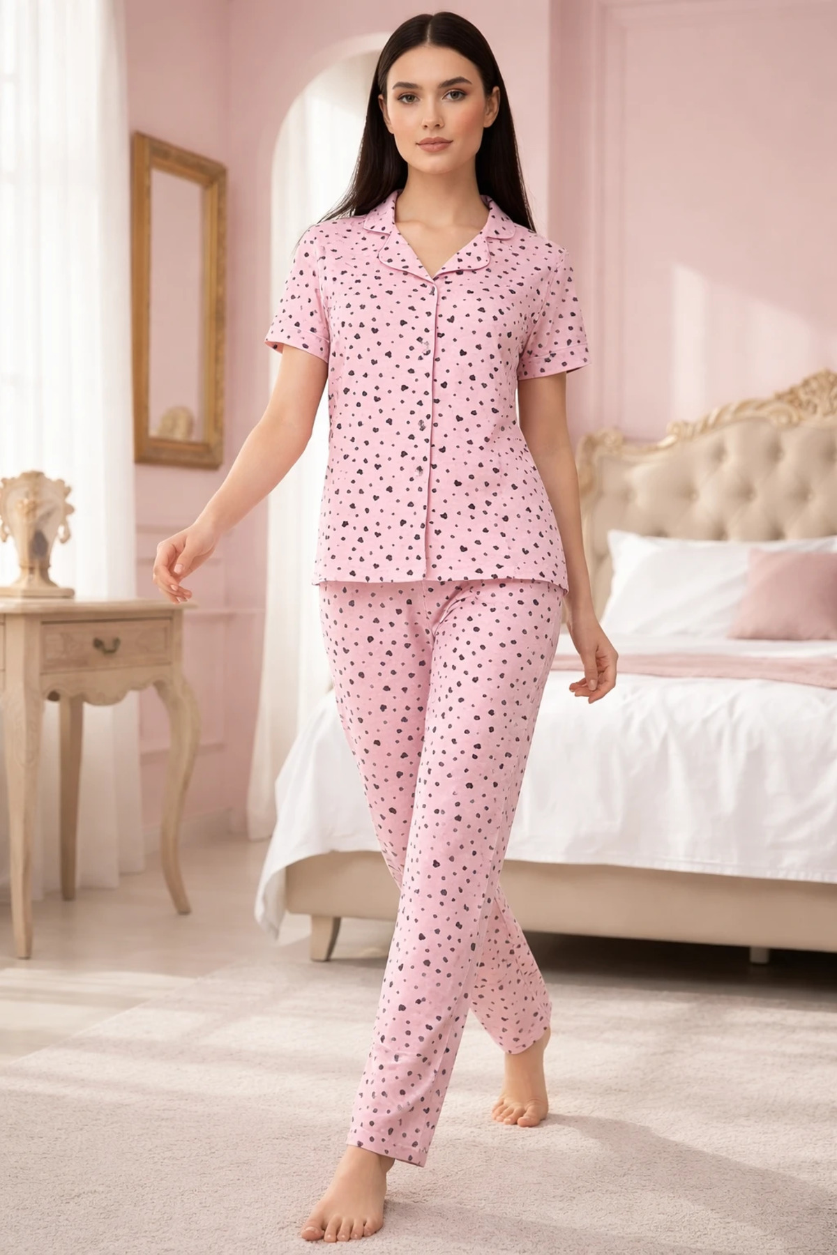 Sude HOMEWEAR  KADIN GÖMLEK DESENLİ KISA KOL PİJAMA TAKIMI - Görsel 3