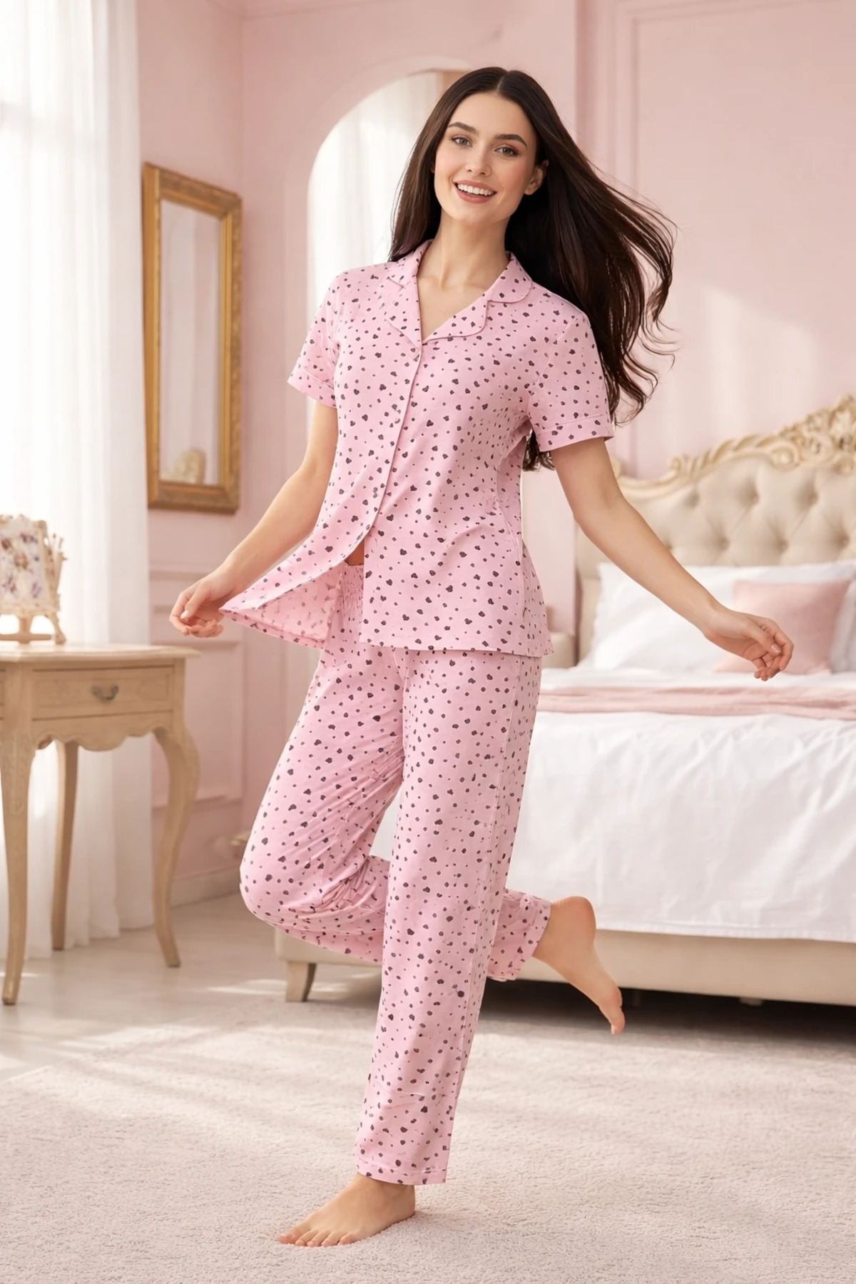 Sude HOMEWEAR  KADIN GÖMLEK DESENLİ KISA KOL PİJAMA TAKIMI - Görsel 2